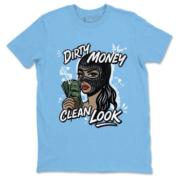 Dirty Money Clean Look sneaker match t-shirt styled to complete your fit with the Air Jordan 12 White and University Blue sneakers, shown in Carolina Blue 2.