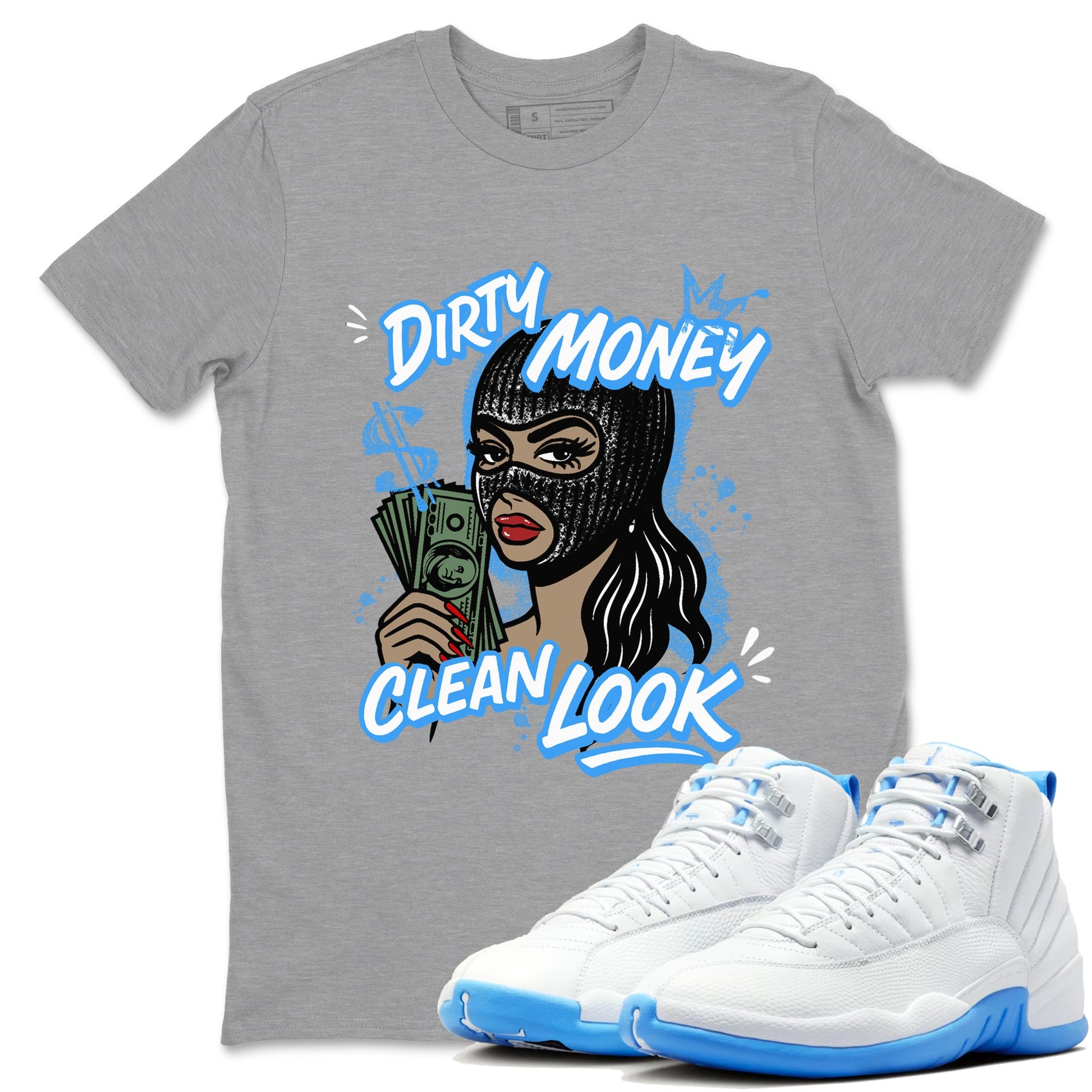 Dirty Money Clean Look sneaker match t-shirt styled to complete your fit with the Air Jordan 12 White and University Blue sneakers, shown in Heather Grey 1.