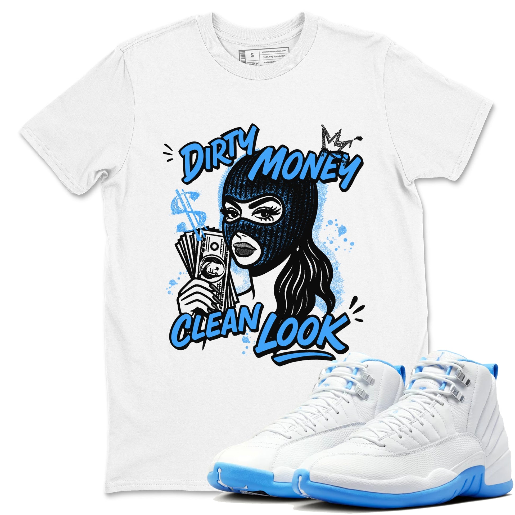 Dirty Money Clean Look sneaker match t-shirt styled to complete your fit with the Air Jordan 12 White and University Blue sneakers, shown in White 1.