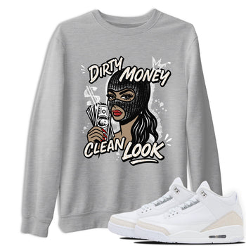 Dirty Money Clean Look sneaker match t-shirt styled to complete your fit with the Air Jordan 3 Pure Money sneakers, shown in Heather Grey 1.