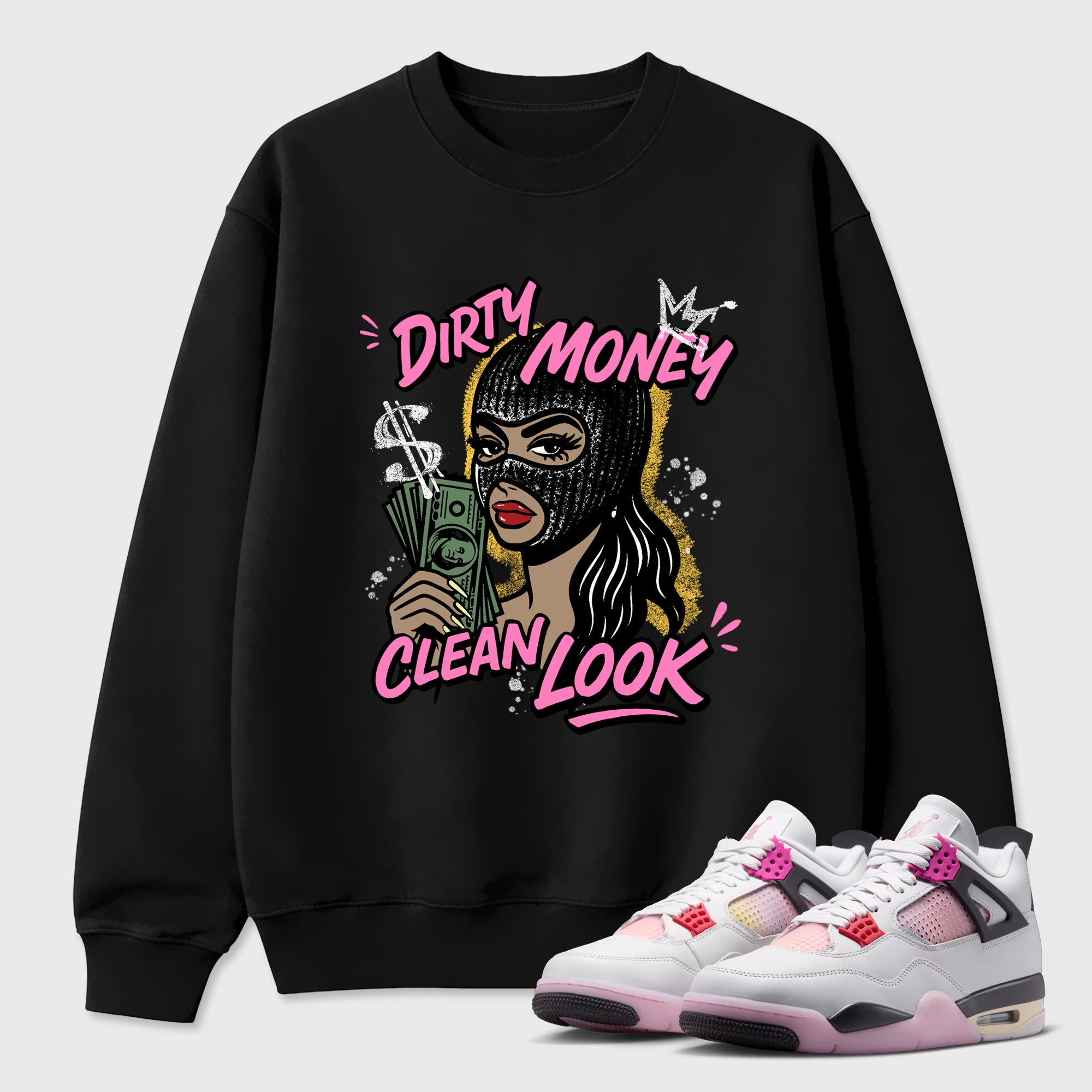 Dirty Money Clean Look Graphic T-Shirt featuring original streetwear artwork designed to match the Air Jordan 4 Comic. Black 1 Graphic Tee.