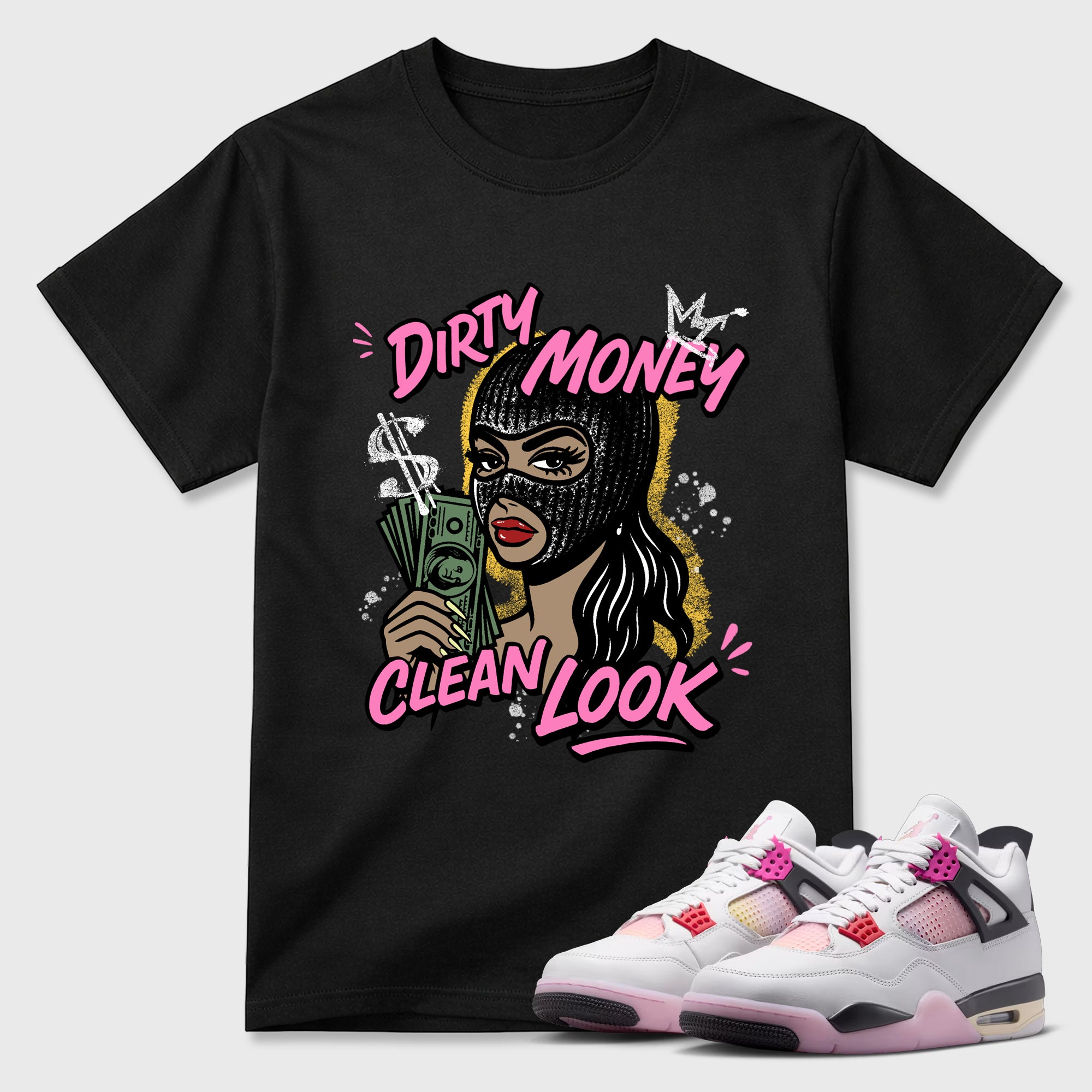 Dirty Money Clean Look Graphic T-Shirt featuring original streetwear artwork designed to match the Air Jordan 4 Comic. Black 1 Graphic T-Shirt.