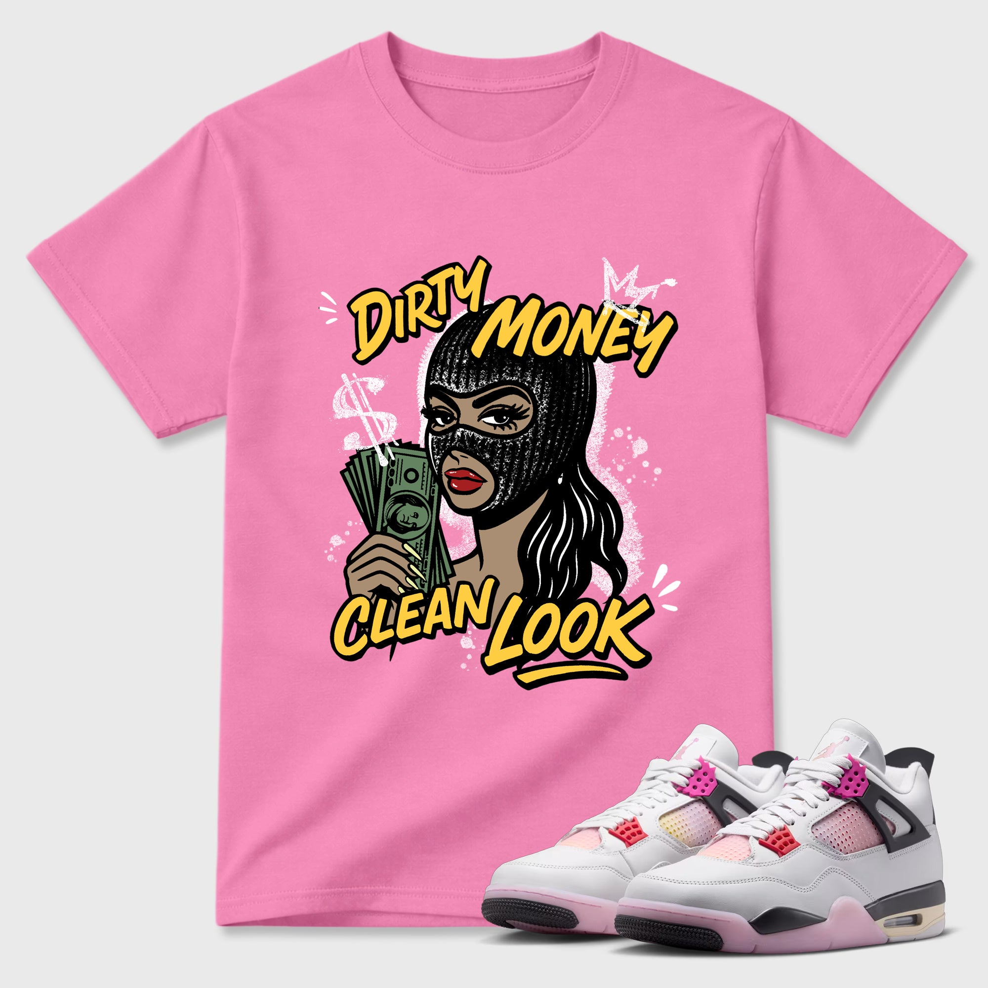 Dirty Money Clean Look Graphic T-Shirt featuring original streetwear artwork designed to match the Air Jordan 4 Comic. Bubble Gum 1 Graphic T-Shirt.