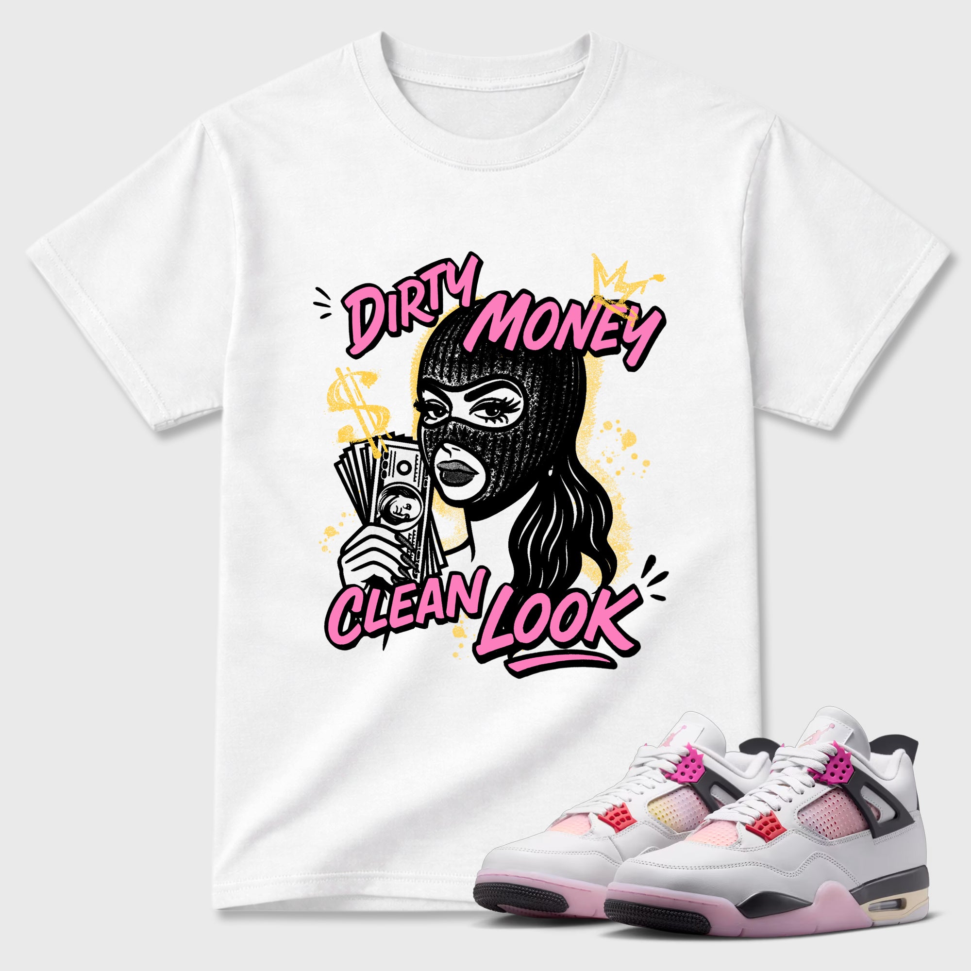 Dirty Money Clean Look Graphic T-Shirt featuring original streetwear artwork designed to match the Air Jordan 4 Comic. White 1 Graphic T-Shirt.
