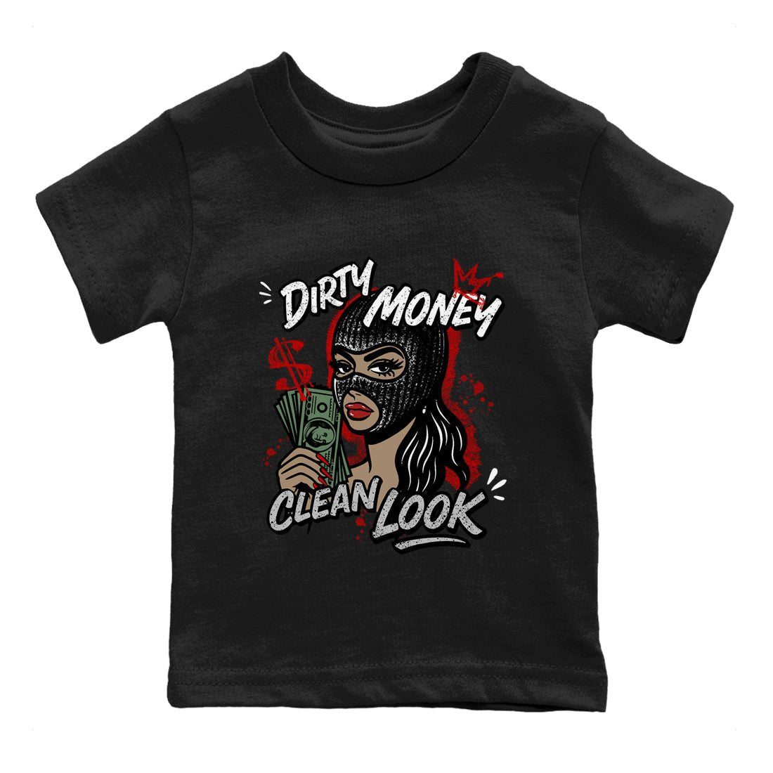Dirty Money Clean Look baby and kids t-shirt crafted for little sneakerheads to shine with the Air Jordan 4 White Cement sneakers, displayed in Black 2.