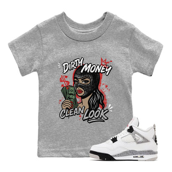 Dirty Money Clean Look baby and kids t-shirt crafted for little sneakerheads to shine with the Air Jordan 4 White Cement sneakers, displayed in Heather Grey 1.