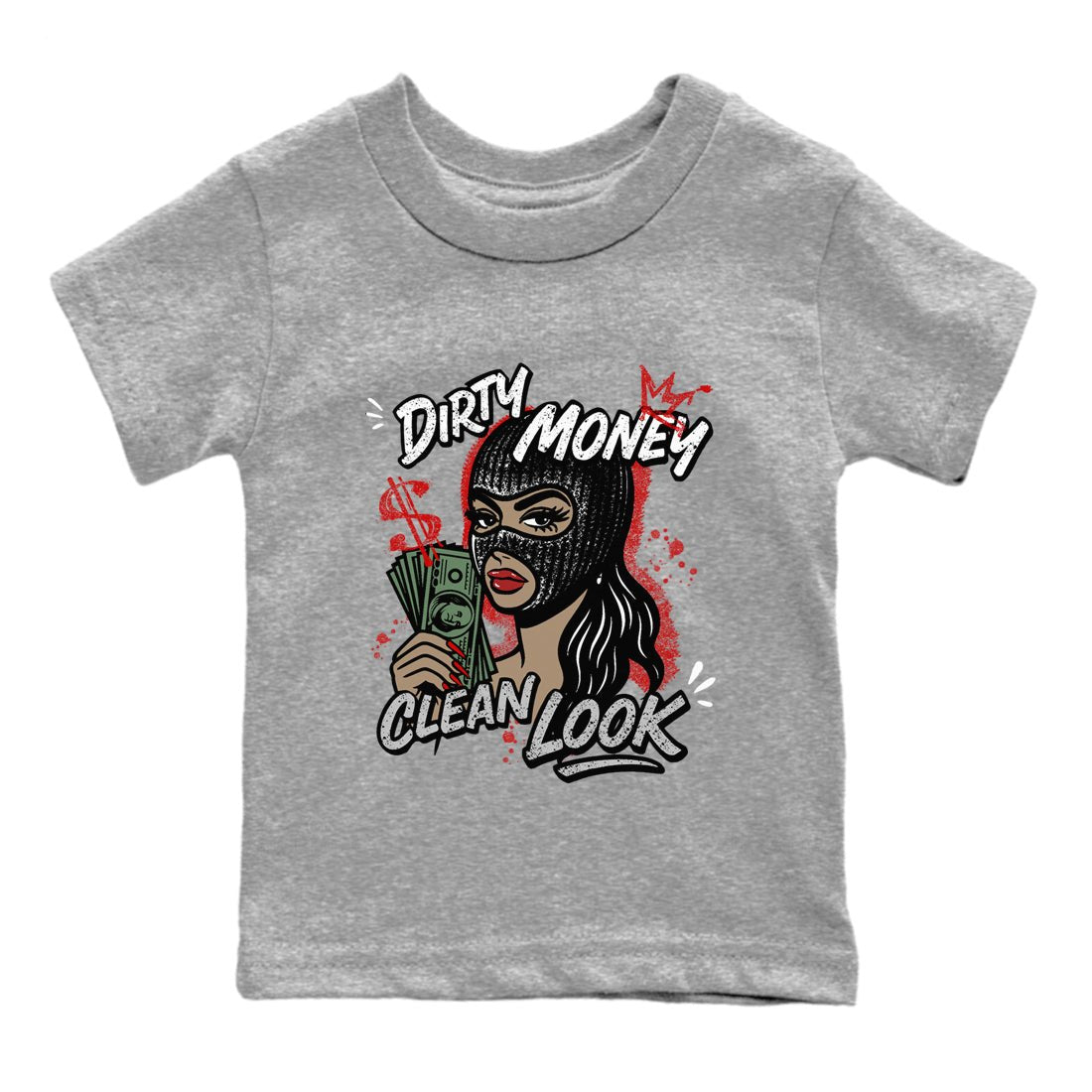 Dirty Money Clean Look baby and kids t-shirt crafted for little sneakerheads to shine with the Air Jordan 4 White Cement sneakers, displayed in Heather Grey 2.