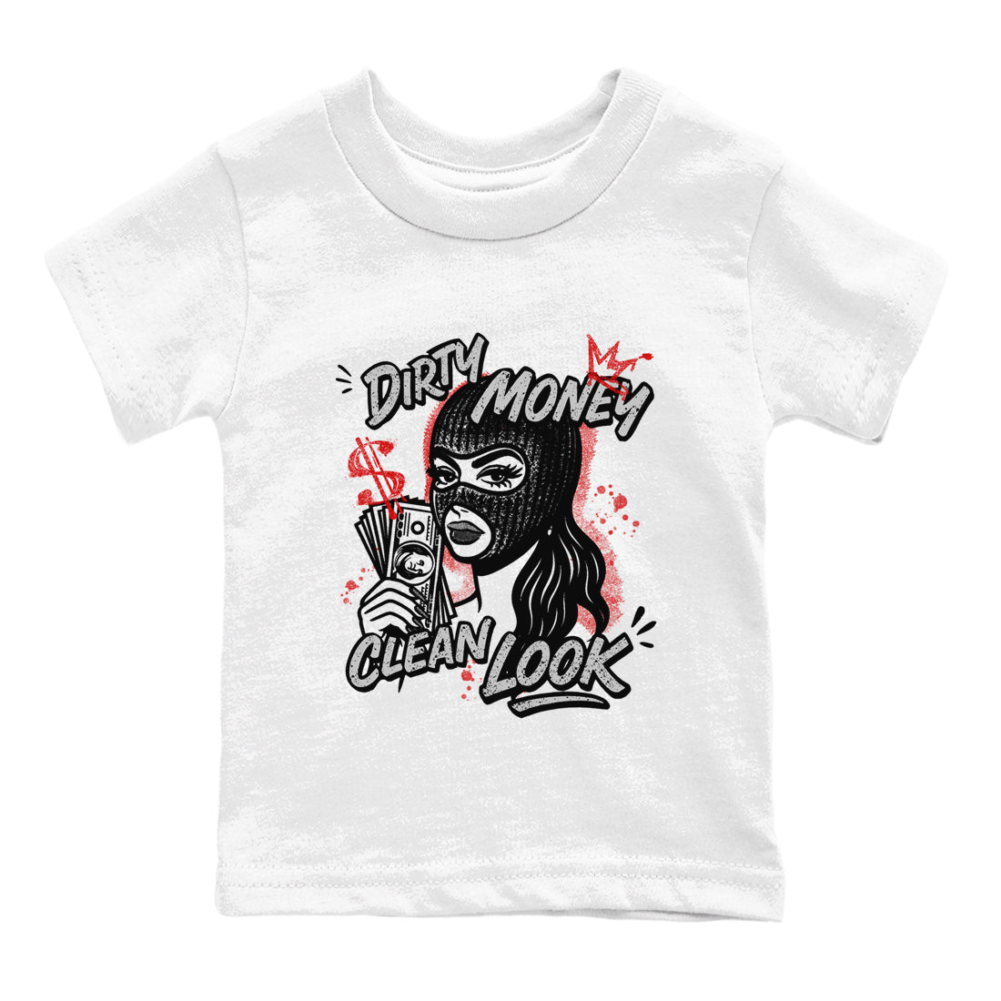 Dirty Money Clean Look baby and kids t-shirt crafted for little sneakerheads to shine with the Air Jordan 4 White Cement sneakers, displayed in White 2.