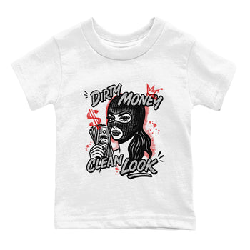 Dirty Money Clean Look baby and kids t-shirt crafted for little sneakerheads to shine with the Air Jordan 4 White Cement sneakers, displayed in White 2.