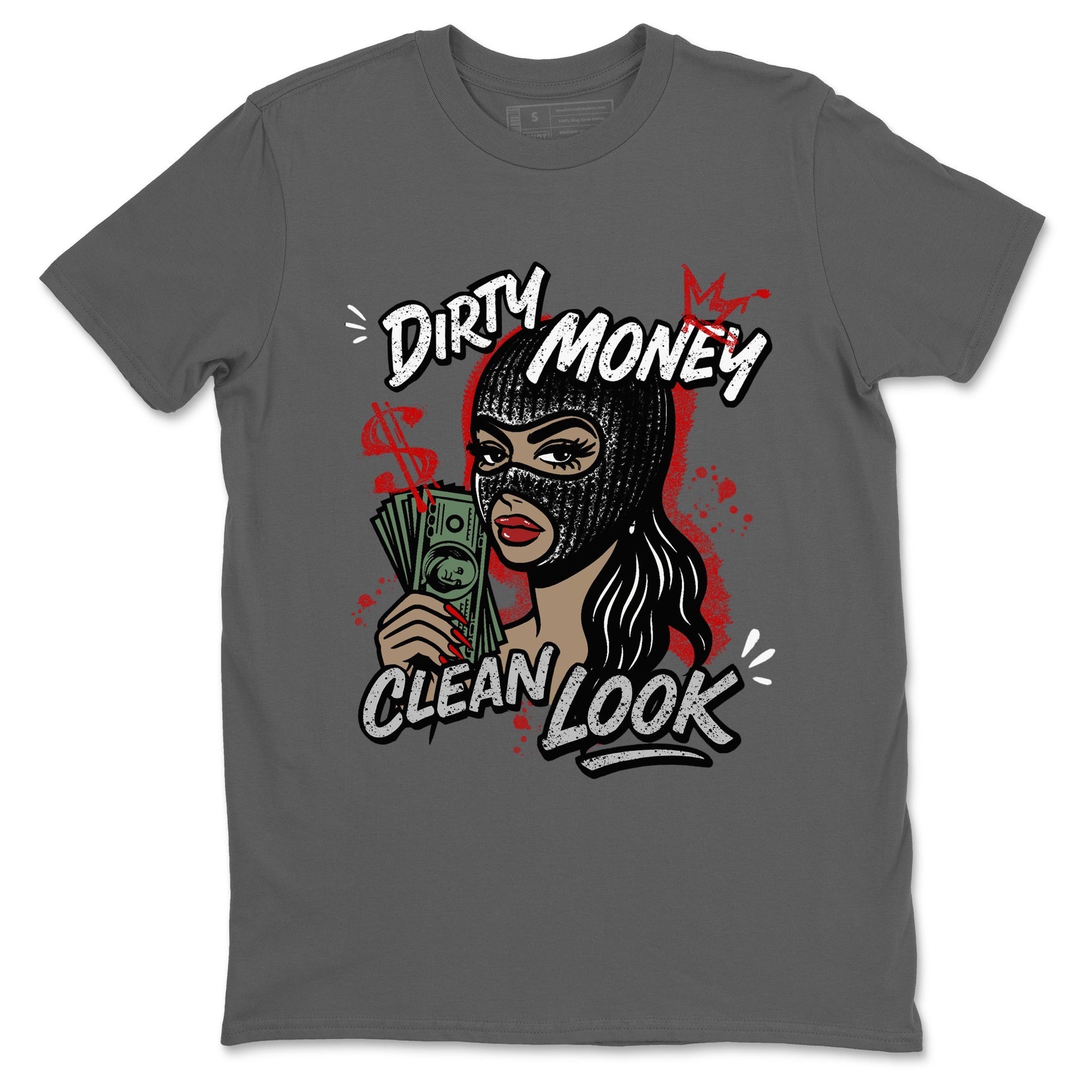 Dirty Money Clean Look sneaker match t-shirt styled to complete your fit with the Air Jordan 4 White Cement sneakers, shown in Cool Grey 2.