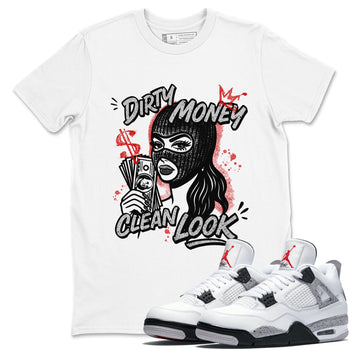 Dirty Money Clean Look sneaker match t-shirt styled to complete your fit with the Air Jordan 4 White Cement sneakers, shown in White 1.