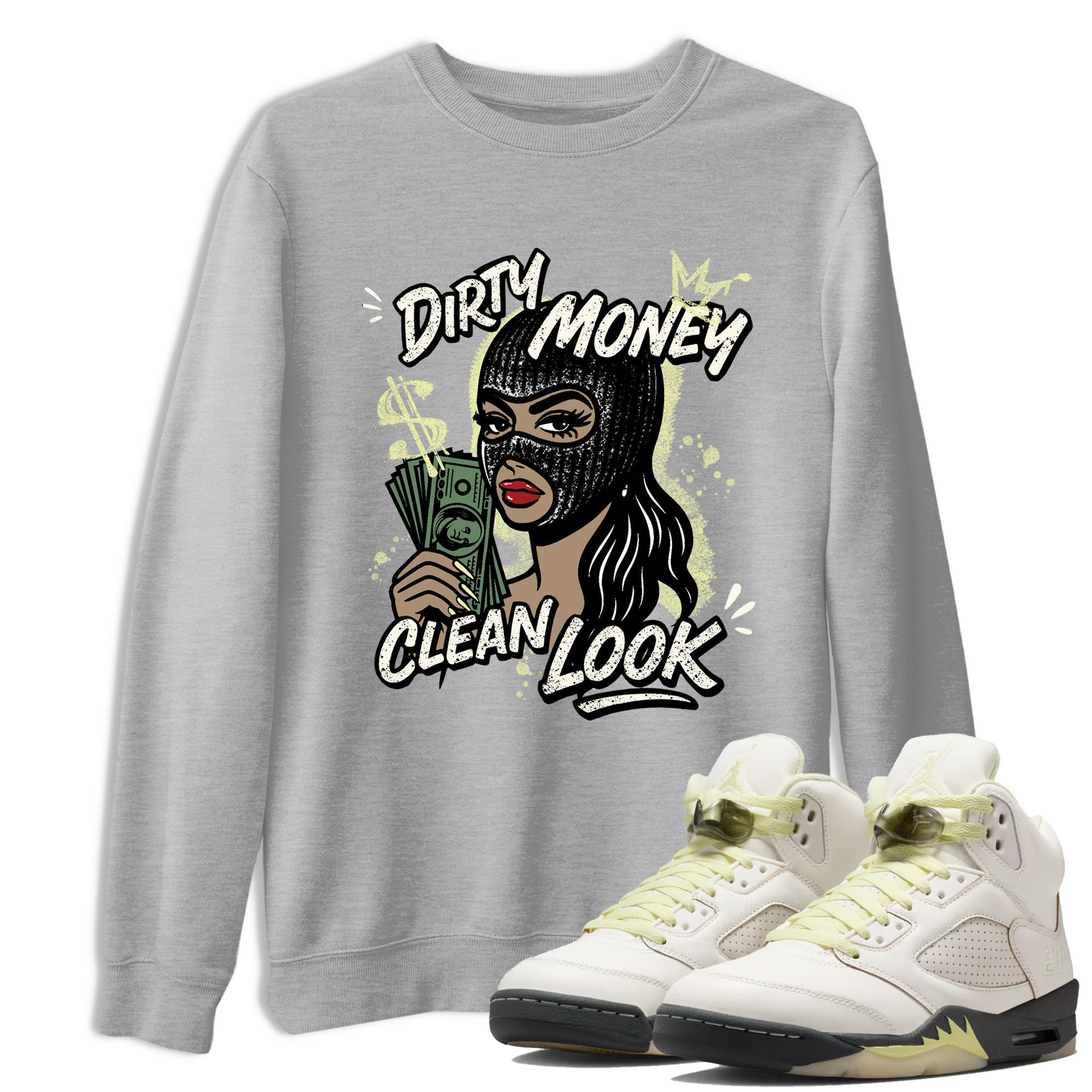 Sneaker match tees – Sneaker Tees To Match Air Jordan 5 Luminous Green Shoes – Dirty Money Clean Look Tee Heather Grey 1