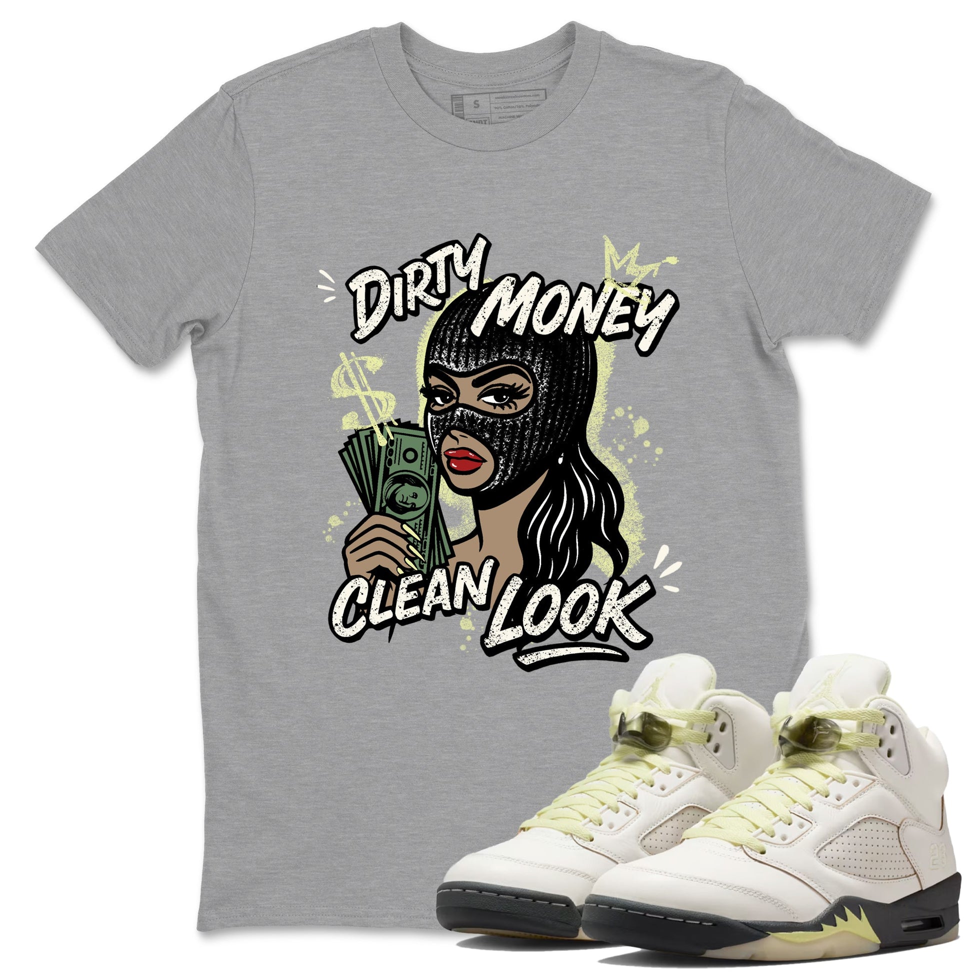 Sneaker match tees – Sneaker Tees To Match Air Jordan 5 Luminous Green Shoes – Dirty Money Clean Look Tee Heather Grey 1