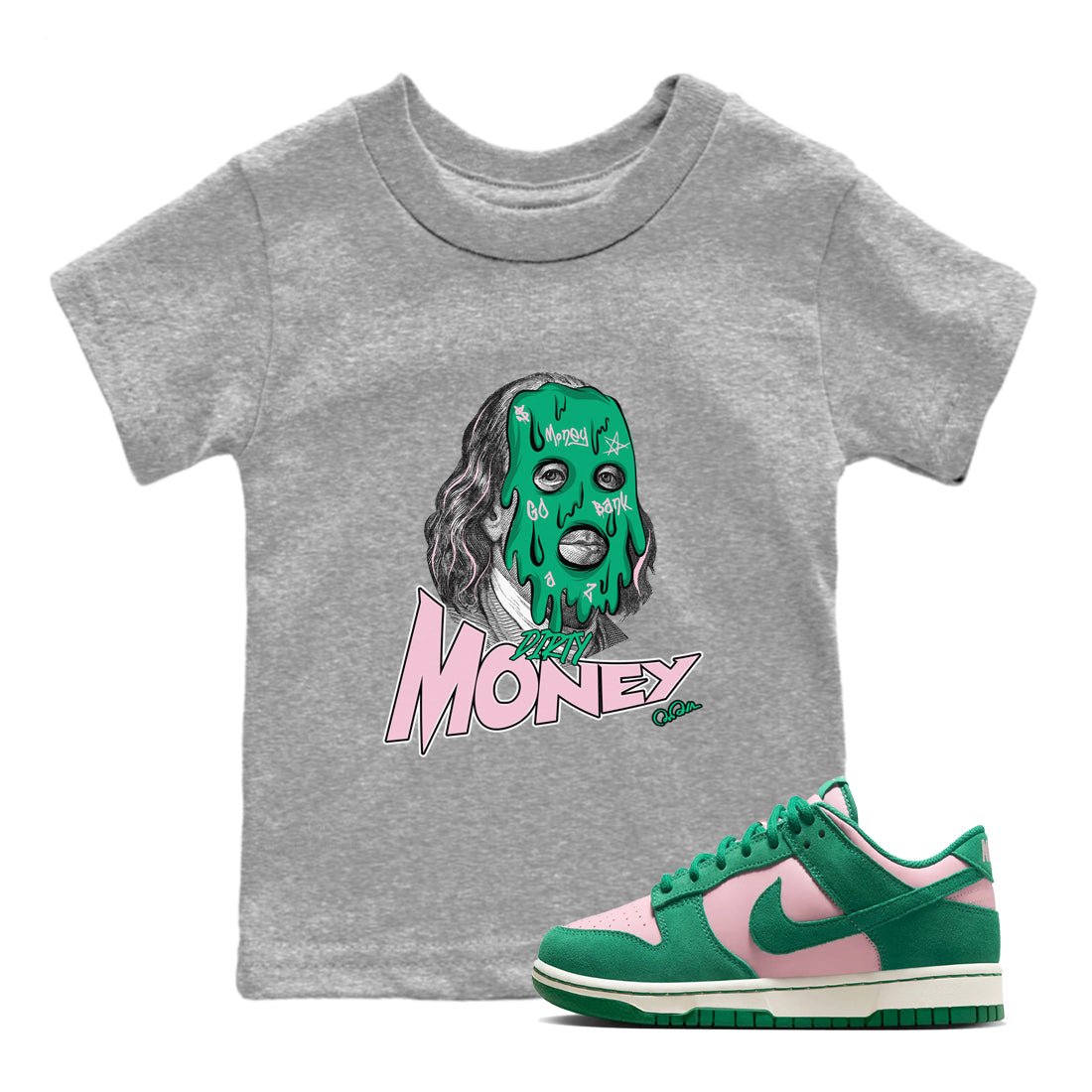 Dunk Low Medium Soft Pink Malachite shirt to match jordans Dirty Money sneaker tees Dunk Medium Soft Pink Malachite SNRT sneaker release tees baby toddler Heather Grey 1 cotton Shirt