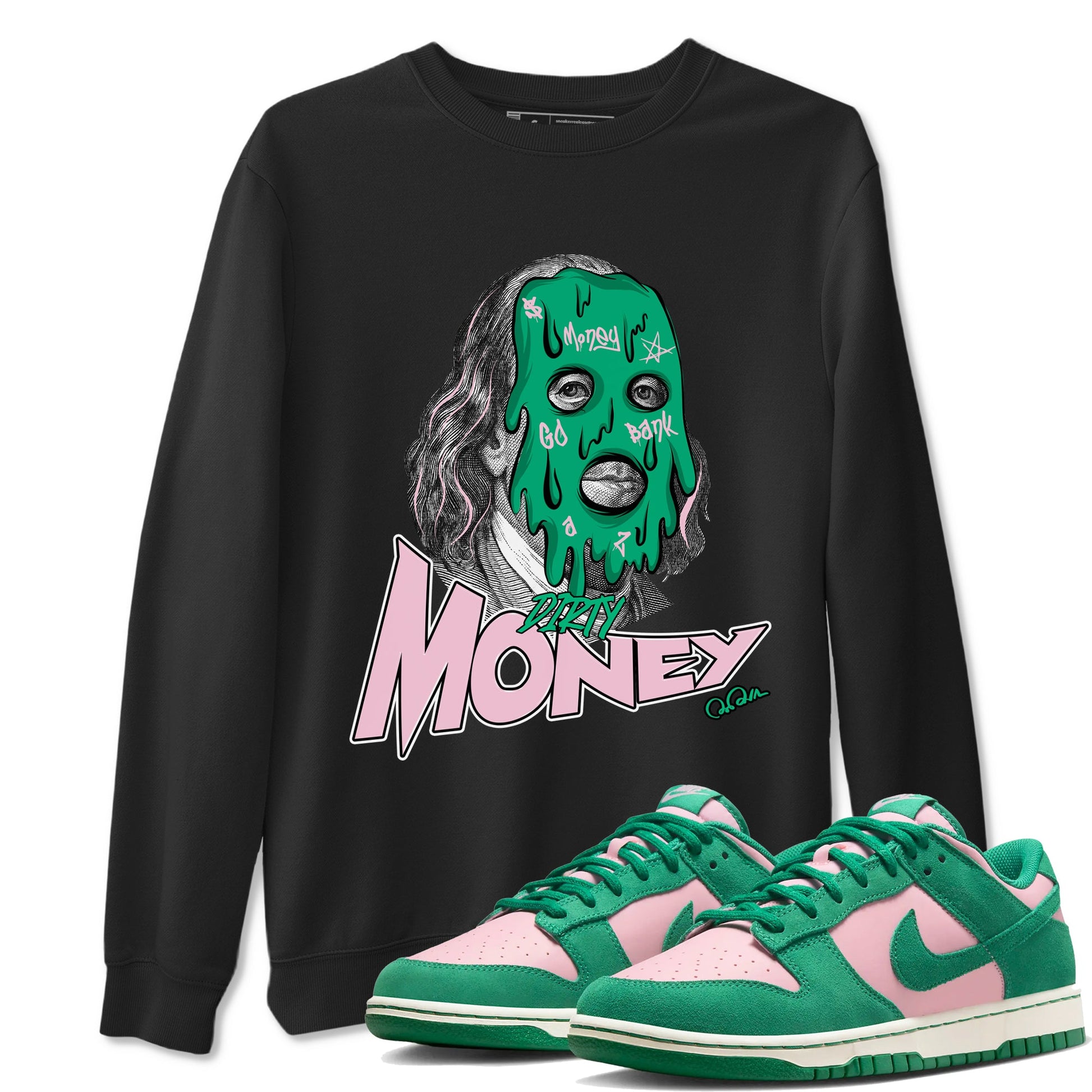 Dunk Low Medium Soft Pink Malachite shirt to match jordans Dirty Money sneaker tees Dunk Medium Soft Pink Malachite SNRT Sneaker Release Tees unisex cotton Black 1 crew neck shirt