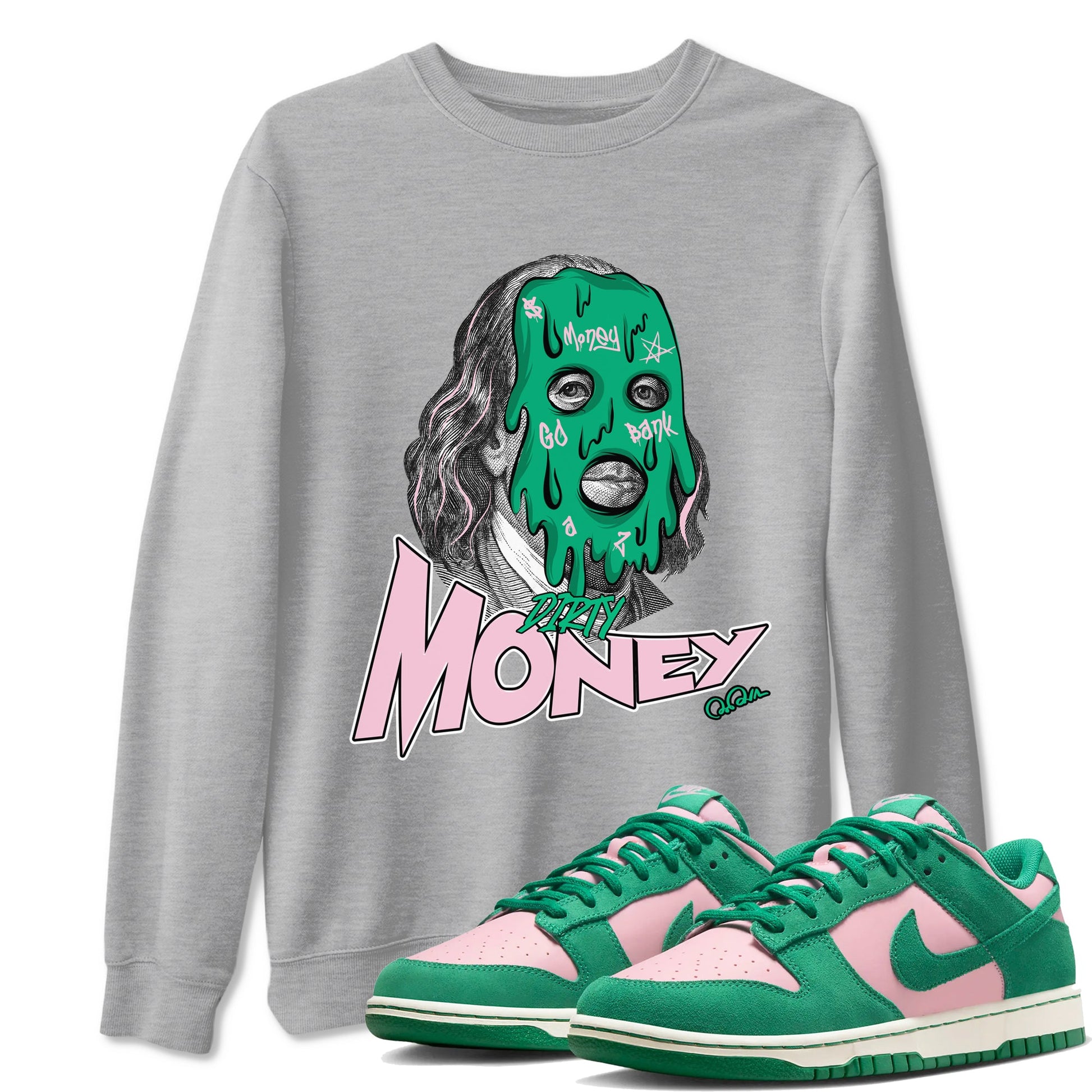 Dunk Low Medium Soft Pink Malachite shirt to match jordans Dirty Money sneaker tees Dunk Medium Soft Pink Malachite SNRT Sneaker Release Tees unisex cotton Heather Grey 1 crew neck shirt