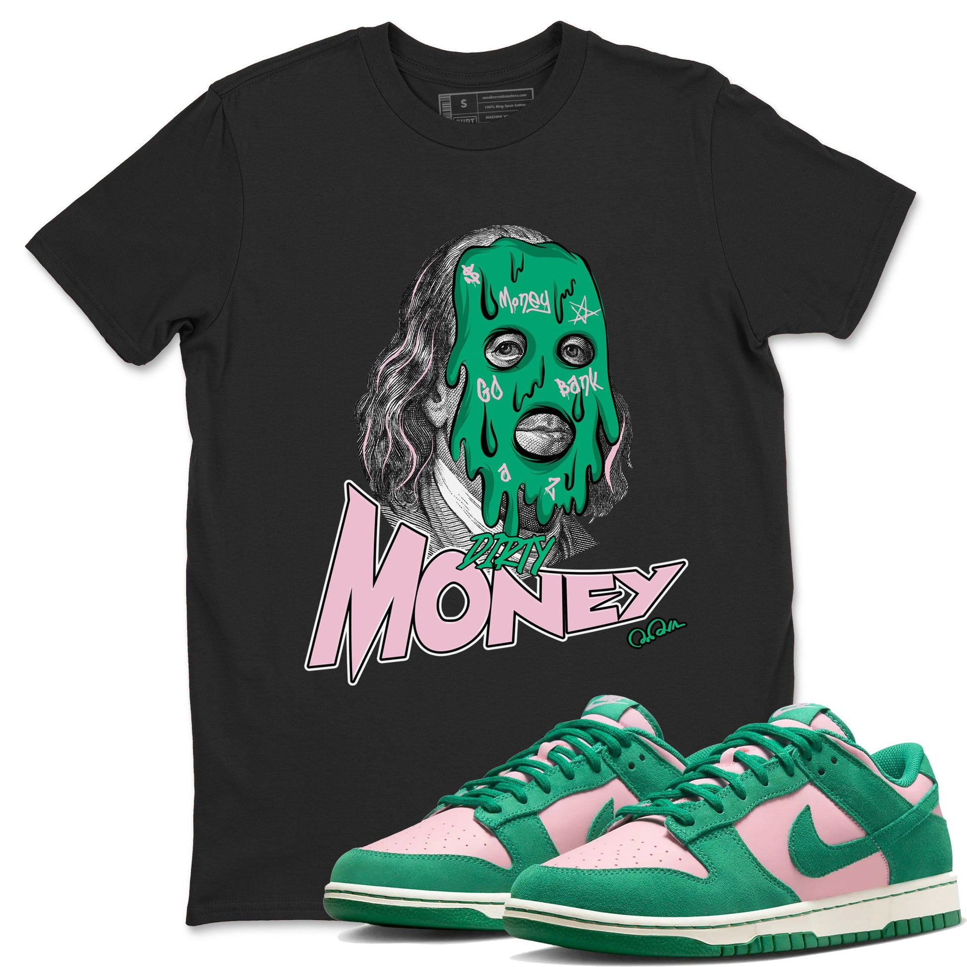 Dunk Low Medium Soft Pink Malachite shirt to match jordans Dirty Money sneaker tees Dunk Medium Soft Pink Malachite SNRT Sneaker Release Tees unisex cotton Black 1 crew neck shirt