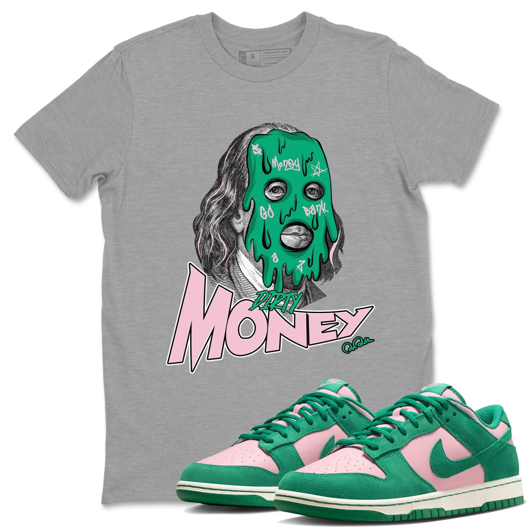 Dunk Low Medium Soft Pink Malachite shirt to match jordans Dirty Money sneaker tees Dunk Medium Soft Pink Malachite SNRT Sneaker Release Tees unisex cotton Heather Grey 1 crew neck shirt