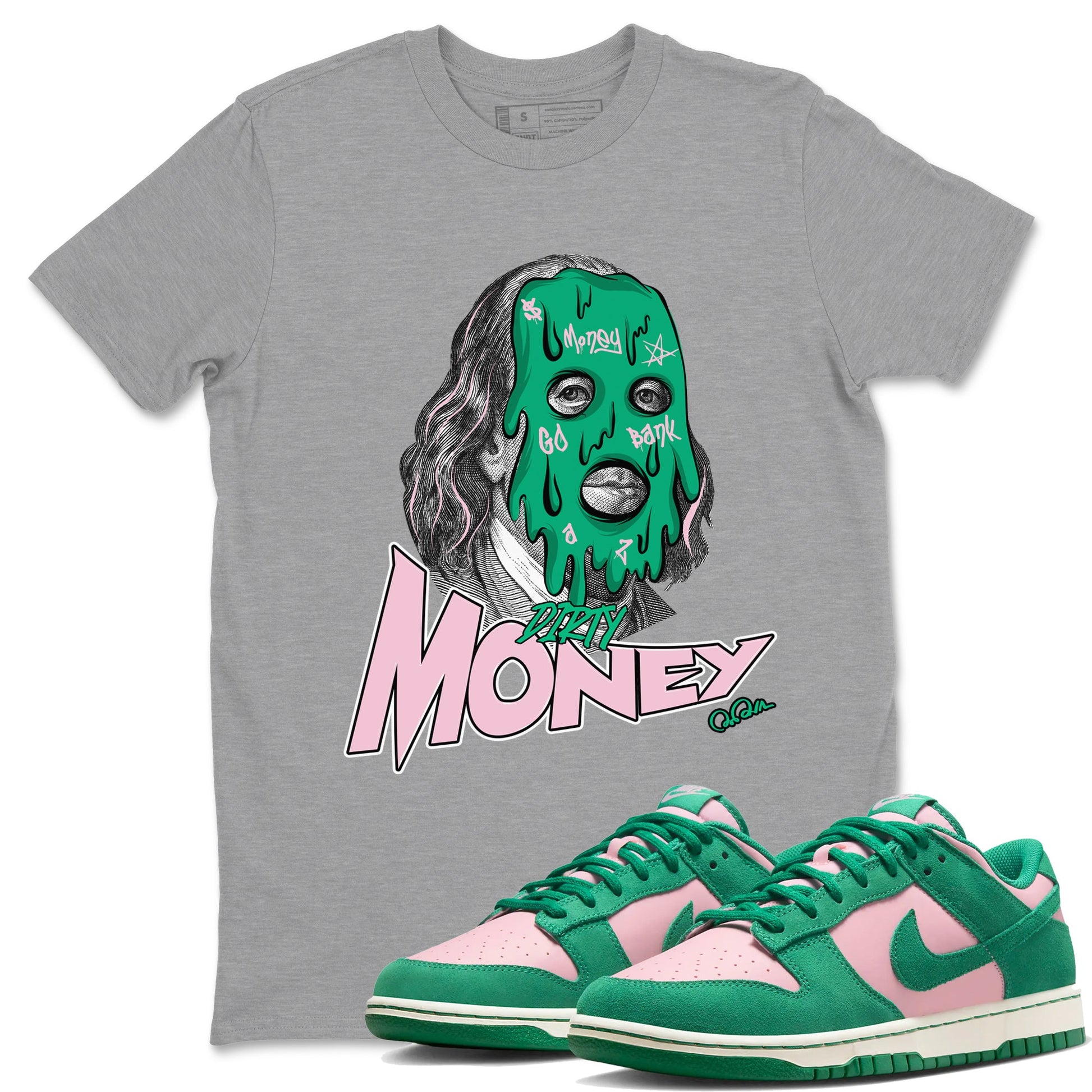 Dunk Low Medium Soft Pink Malachite shirt to match jordans Dirty Money sneaker tees Dunk Medium Soft Pink Malachite SNRT Sneaker Release Tees unisex cotton Heather Grey 1 crew neck shirt