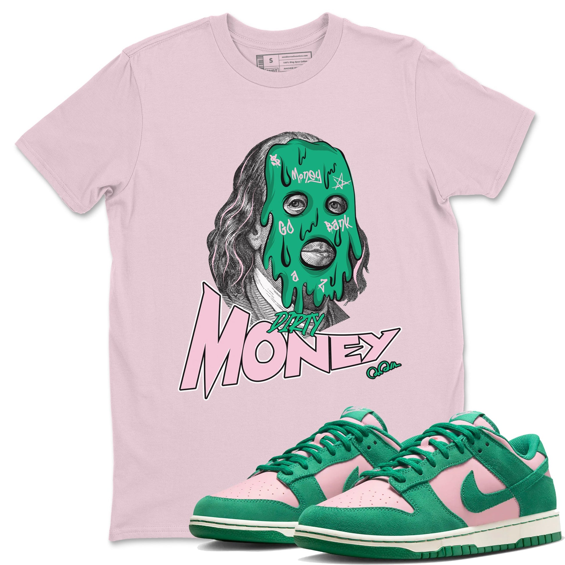Dunk Low Medium Soft Pink Malachite shirt to match jordans Dirty Money sneaker tees Dunk Medium Soft Pink Malachite SNRT Sneaker Release Tees unisex cotton Pink 1 crew neck shirt