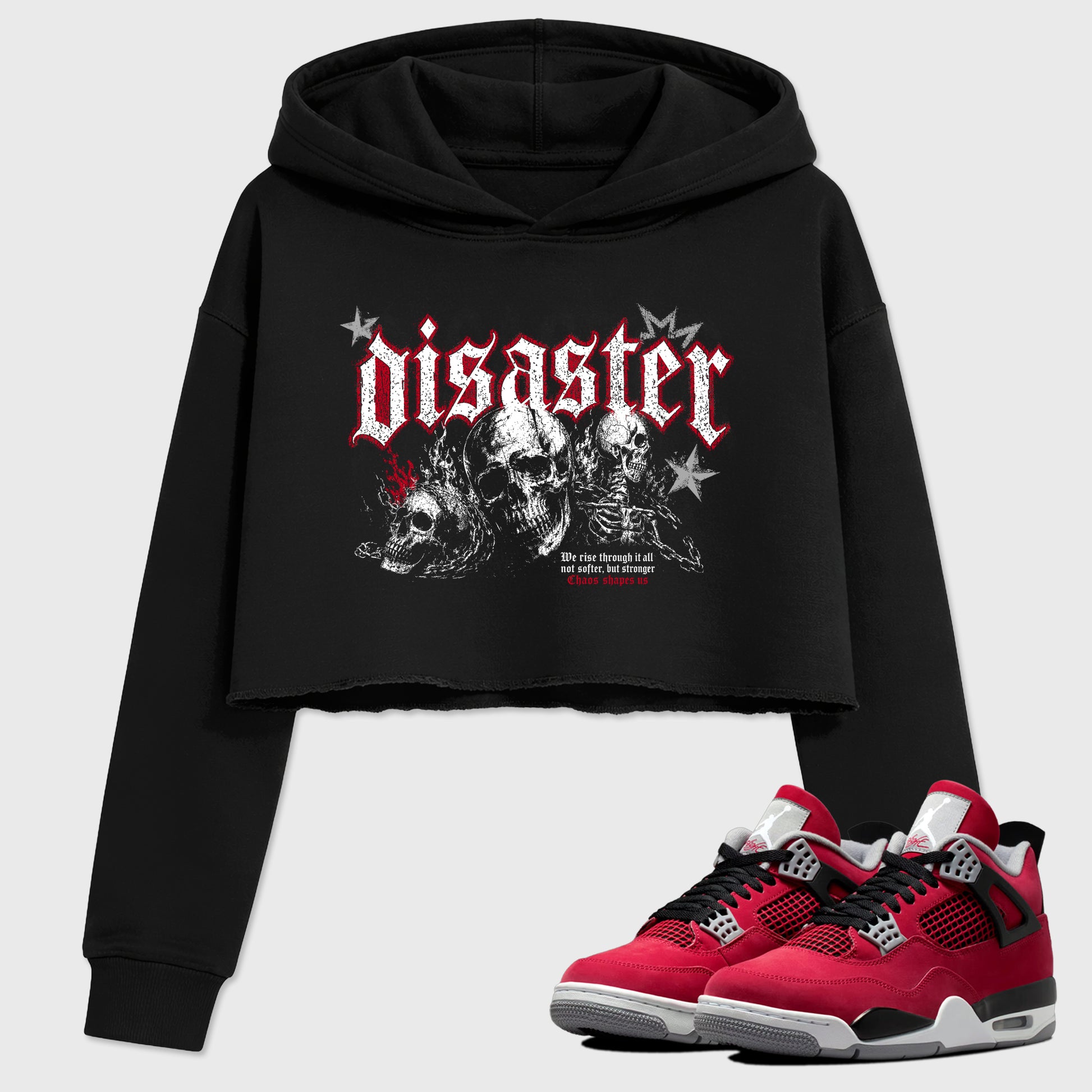 Disaster women’s crop tee designed to match the Air Jordan 4 Toro Bravo, featuring coordinated Black 1 options for a perfect streetwear vibe.