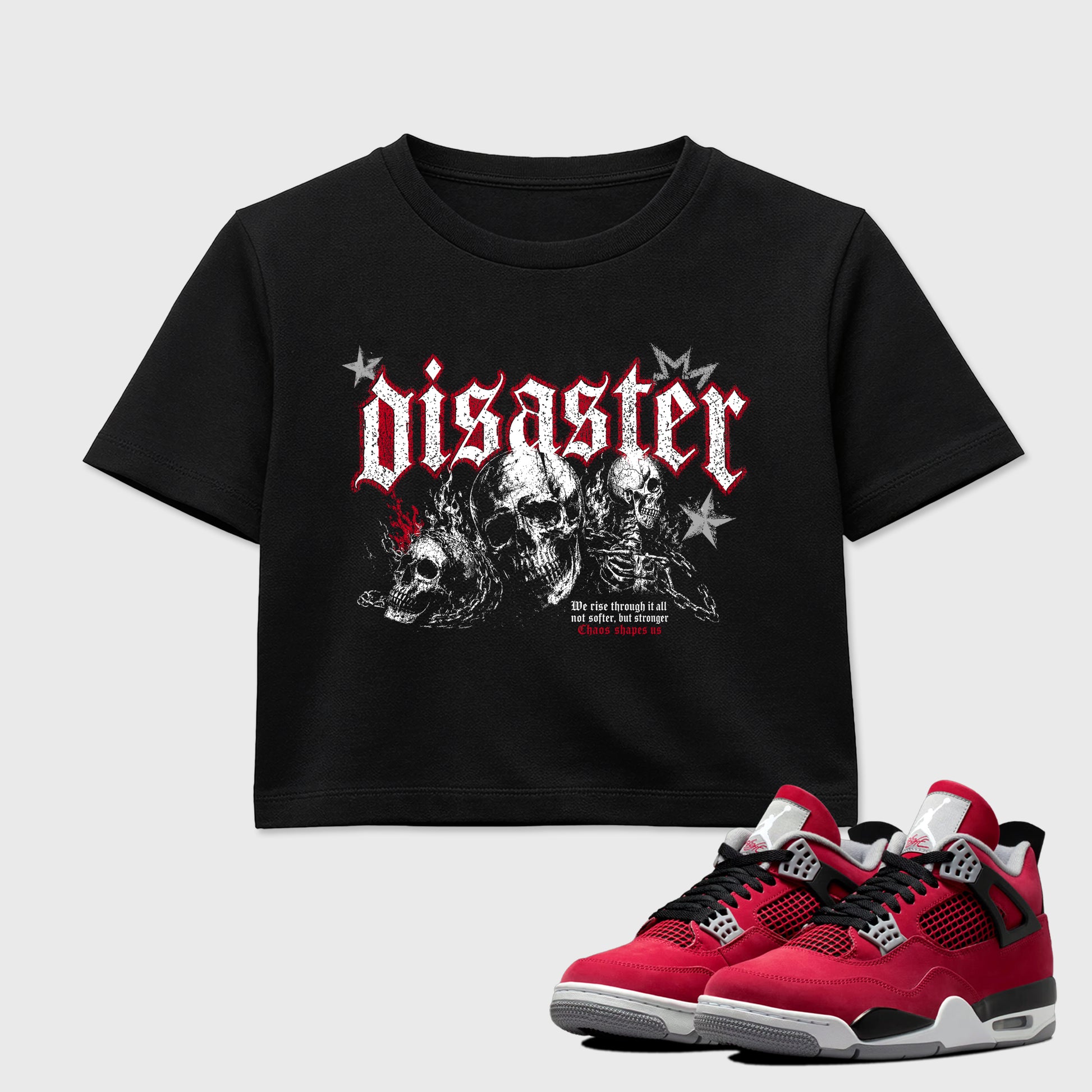 Disaster women’s crop tee designed to match the Air Jordan 4 Toro Bravo, featuring coordinated Black 1 options for a perfect streetwear vibe.