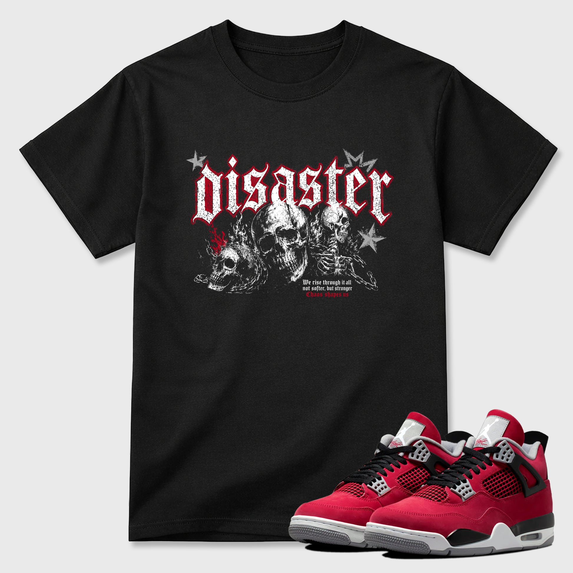 Disaster Graphic T-Shirt sneaker match tee designed for the Air Jordan 4 Toro Bravo, featuring coordinated color options for a perfect streetwear match. Black 1 shirt.