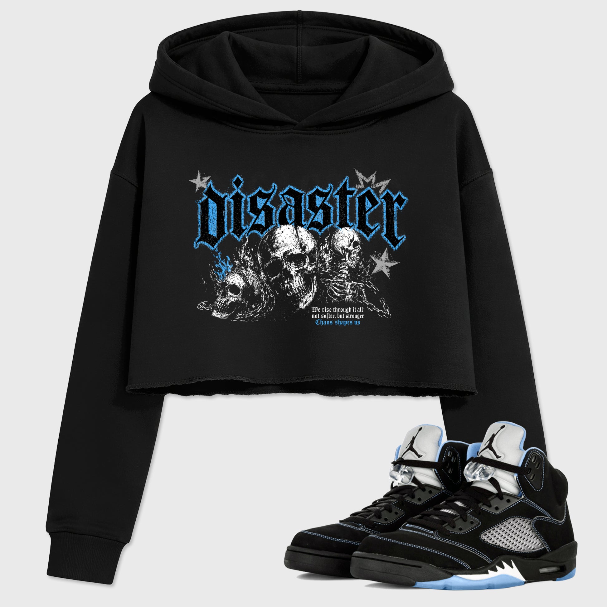 Disaster women’s crop tee designed to match the Air Jordan 5 Black University Blue, featuring coordinated Black 1 options for a perfect streetwear vibe.