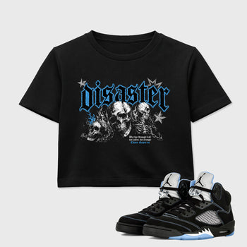 Disaster women’s crop tee designed to match the Air Jordan 5 Black University Blue, featuring coordinated Black 1 options for a perfect streetwear vibe.