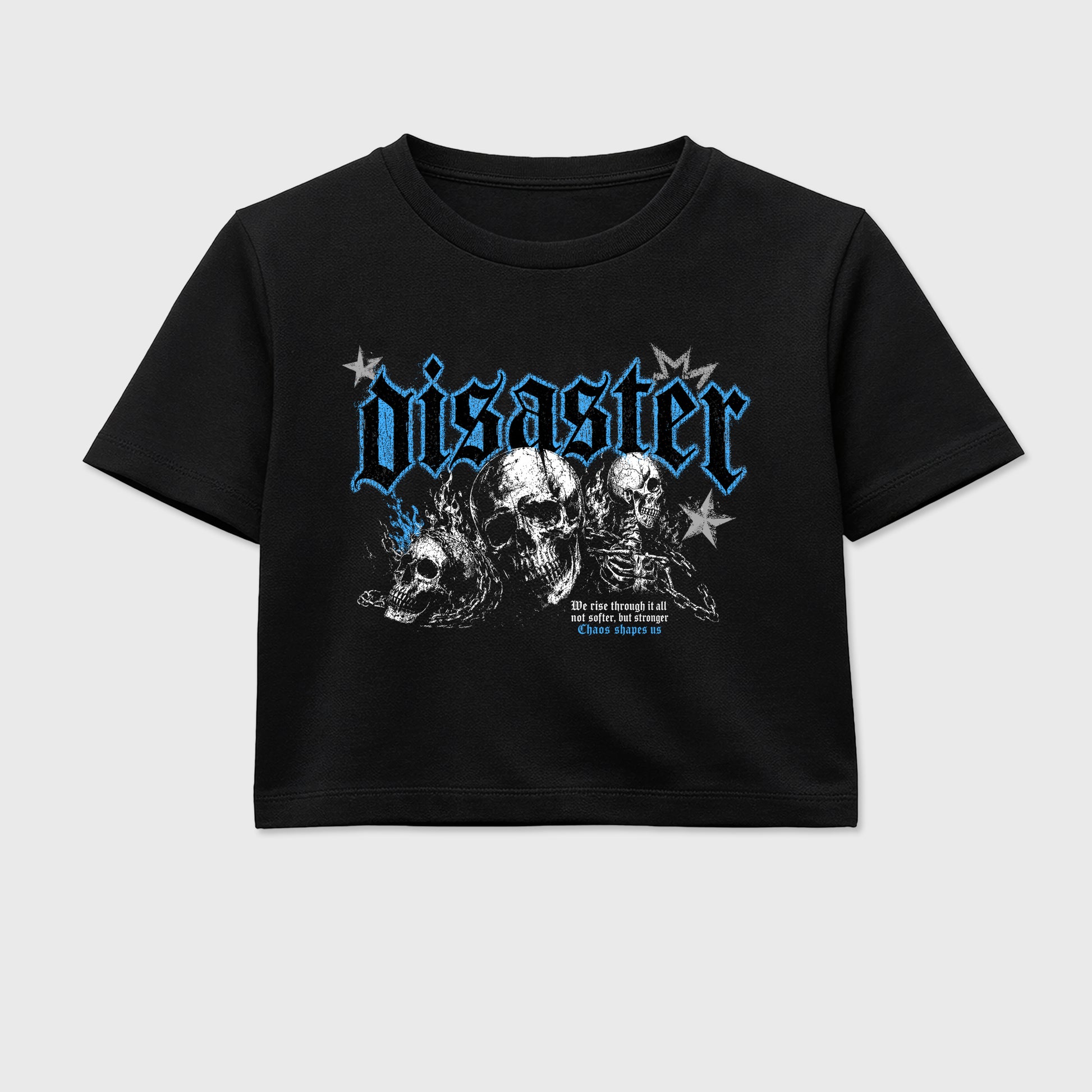 Disaster women’s crop tee designed to match the Air Jordan 5 Black University Blue, featuring coordinated Black 2 options for a perfect streetwear vibe.