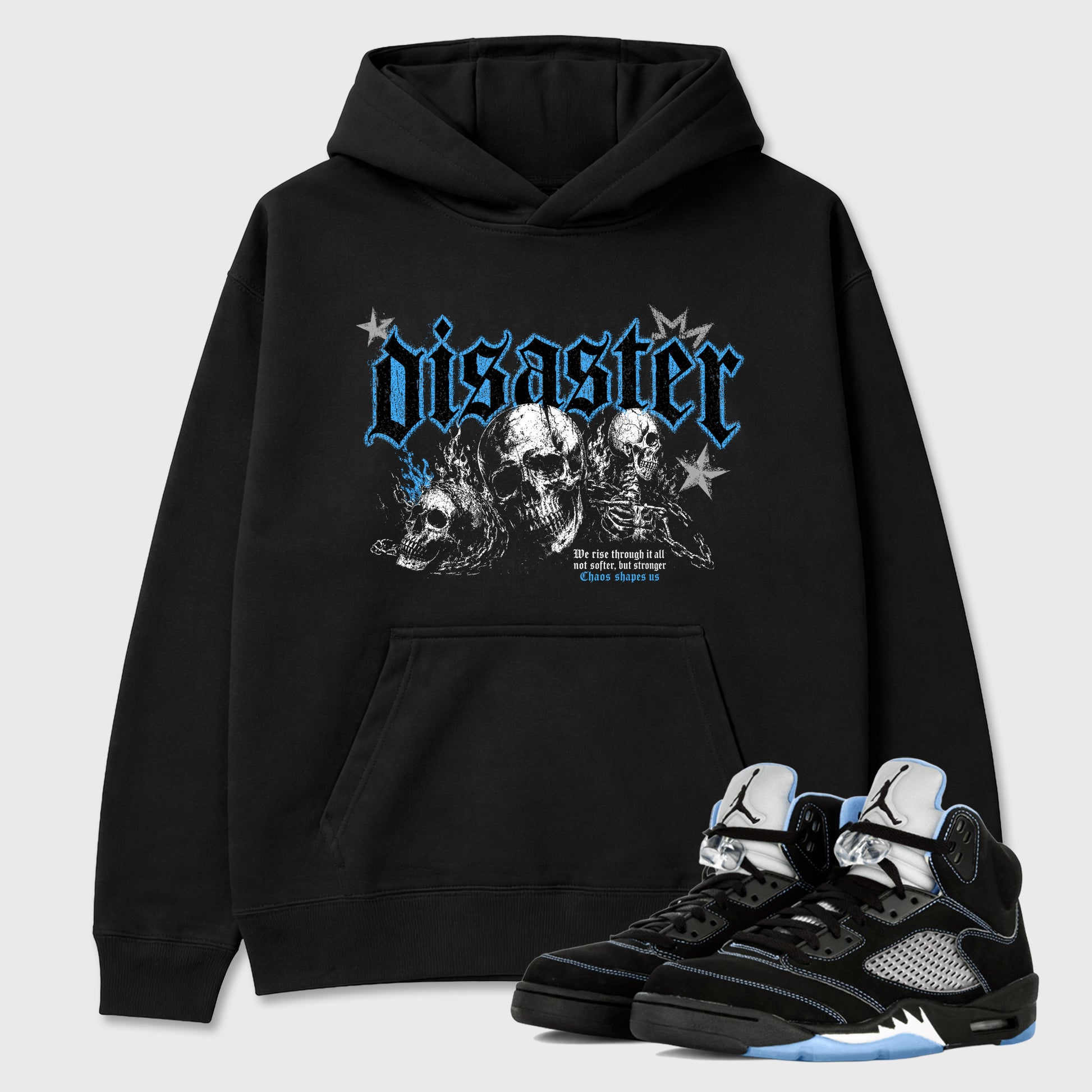 Disaster Graphic T-Shirt sneaker match tee designed for the Air Jordan 5 Black University Blue, featuring coordinated color options for a perfect streetwear match. Black 1 shirt.
