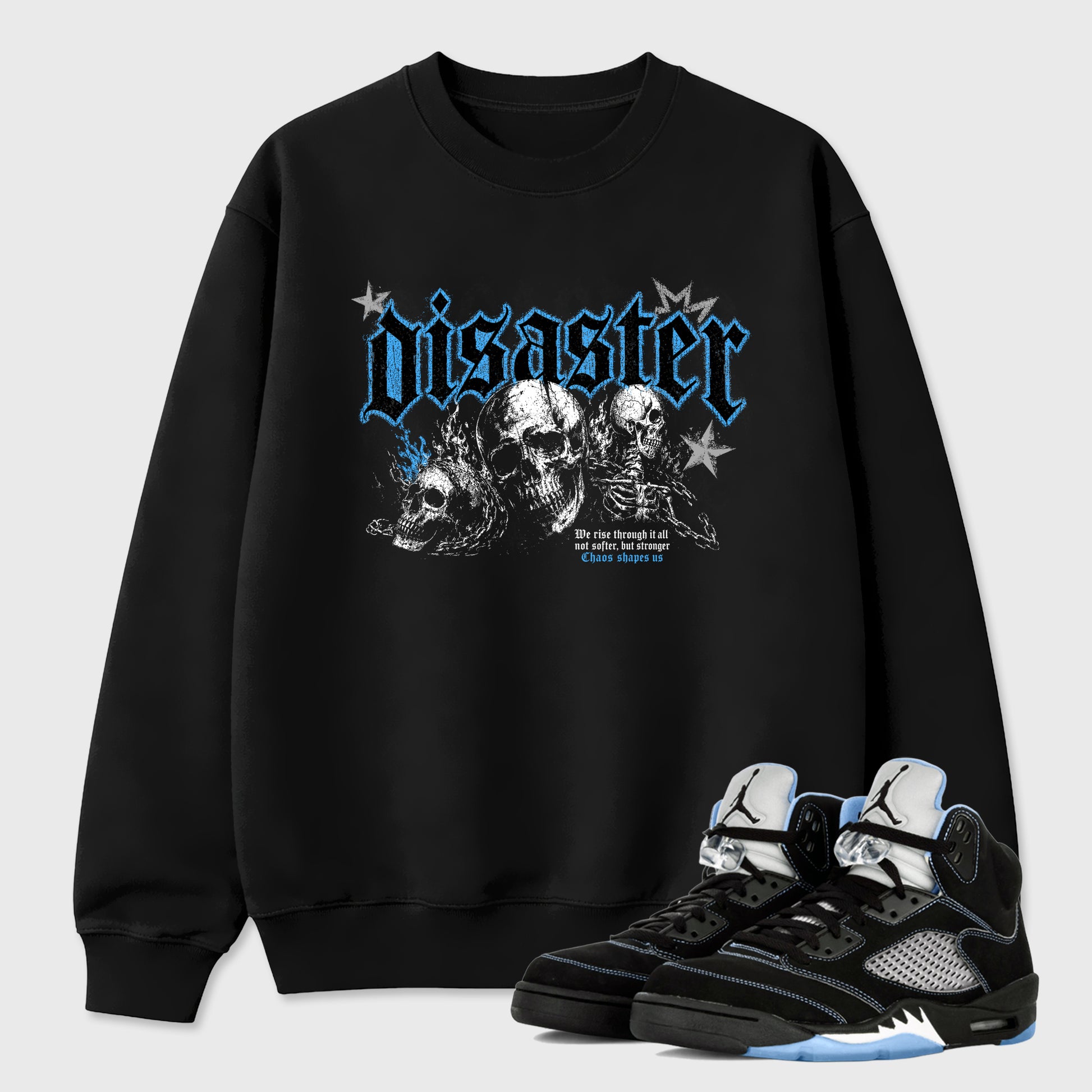 Disaster Graphic T-Shirt sneaker match tee designed for the Air Jordan 5 Black University Blue, featuring coordinated color options for a perfect streetwear match. Black 1 shirt.
