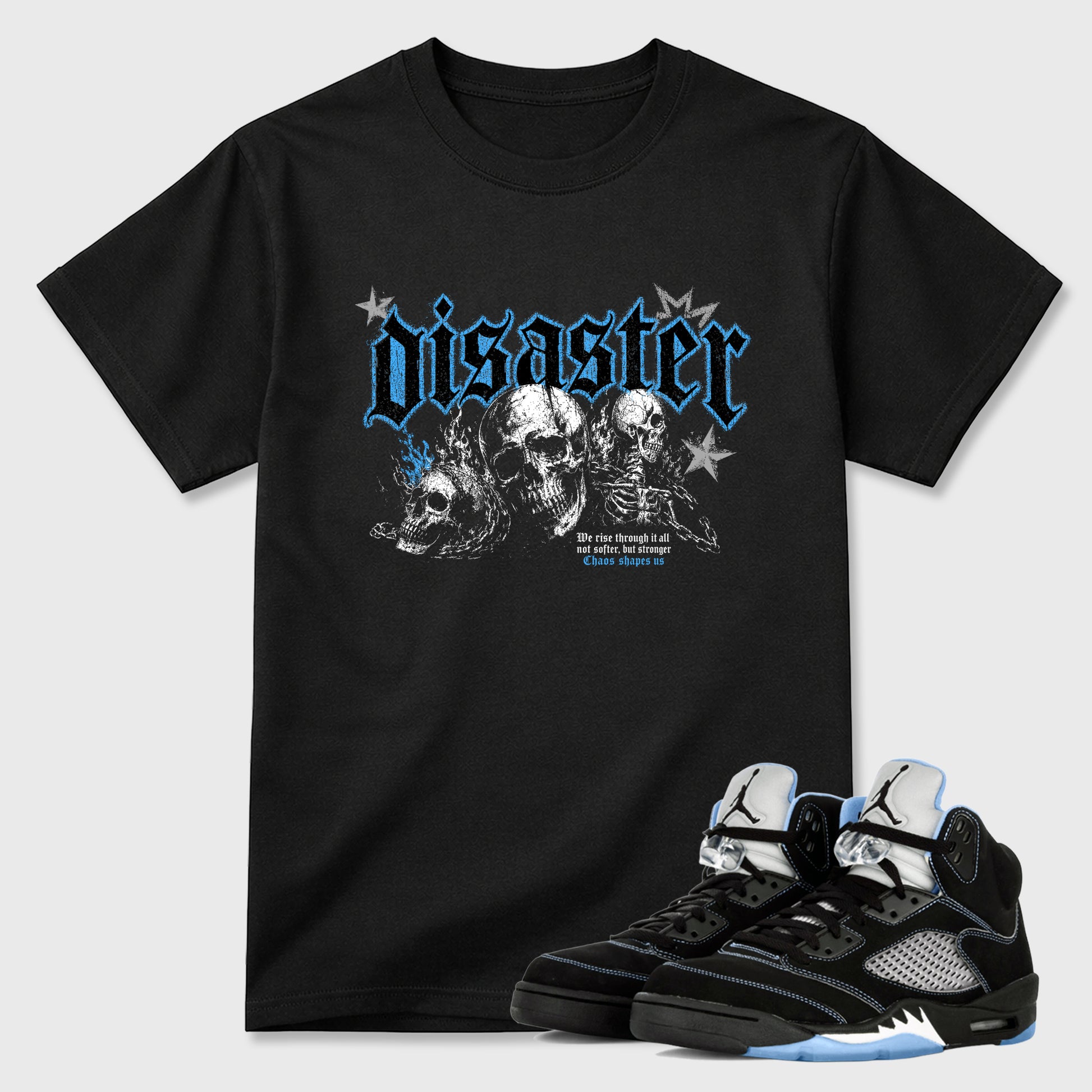 Disaster Graphic T-Shirt sneaker match tee designed for the Air Jordan 5 Black University Blue, featuring coordinated color options for a perfect streetwear match. Black 1 shirt.