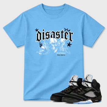 Disaster Graphic T-Shirt sneaker match tee designed for the Air Jordan 5 Black University Blue, featuring coordinated color options for a perfect streetwear match. Carolina Blue 1 shirt.