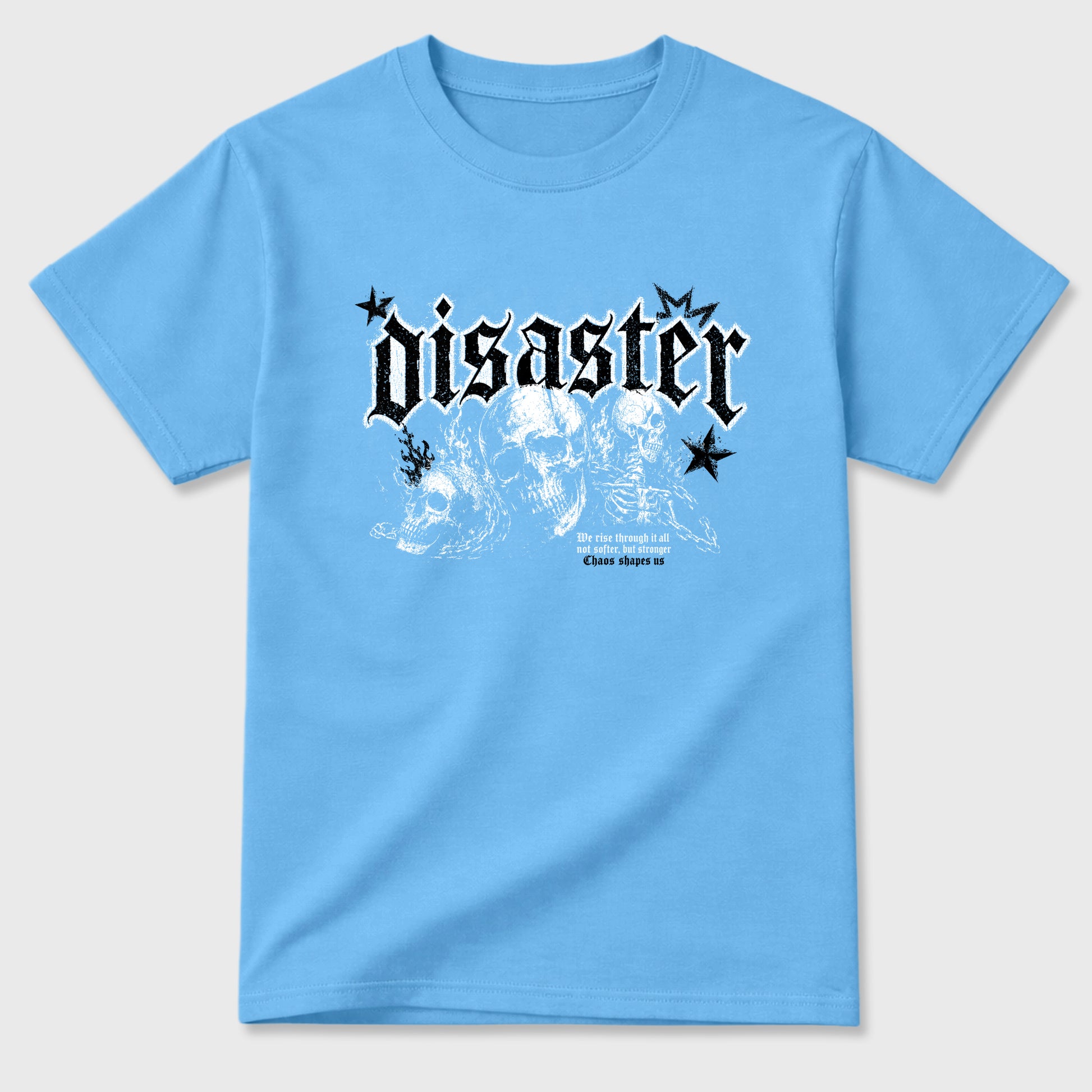 Disaster Graphic T-Shirt sneaker match tee designed for the Air Jordan 5 Black University Blue, featuring coordinated color options for a perfect streetwear match. Carolina Blue 2 shirt.