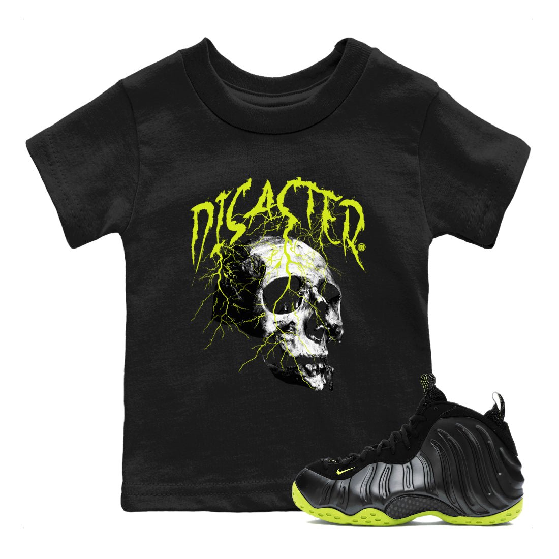 Foams One Black Volt shirts to match jordans Disaster Skull sneaker match tees Air Foamposite One Black and Volt match shoes to clothes SNRT Sneaker Tees Youth Baby Black 1 tee