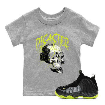 Foams One Black Volt shirts to match jordans Disaster Skull sneaker match tees Air Foamposite One Black and Volt match shoes to clothes SNRT Sneaker Tees Youth Baby Heather Grey 1 tee