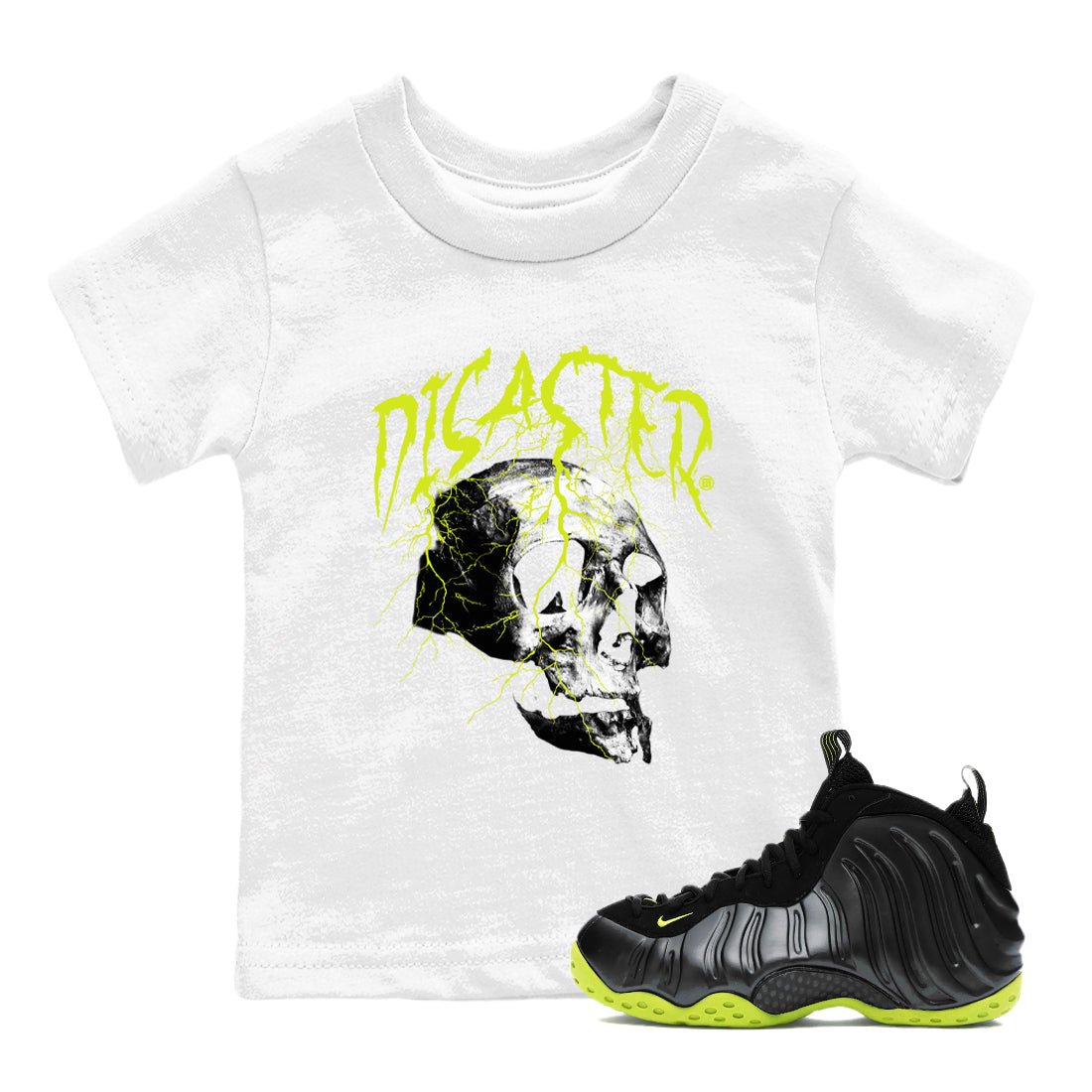 Foams One Black Volt shirts to match jordans Disaster Skull sneaker match tees Air Foamposite One Black and Volt match shoes to clothes SNRT Sneaker Tees Youth Baby White 1 tee
