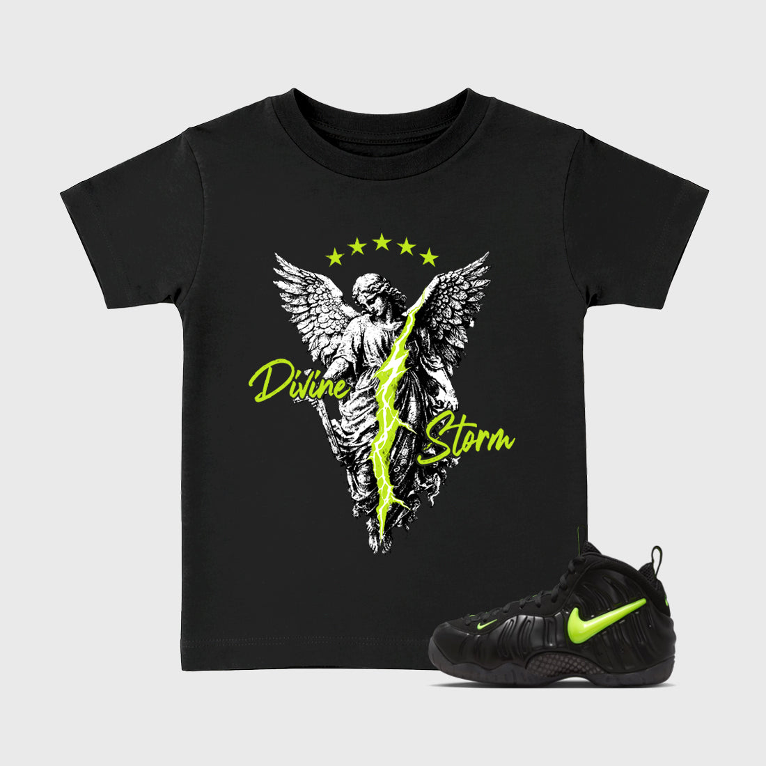 Sneaker match tees – Sneaker Tees To Match Air Foamposite Pro Black Shoes – Divine Storm Kids T-Shirt Black 1