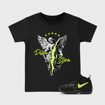 Sneaker match tees – Sneaker Tees To Match Air Foamposite Pro Black Shoes – Divine Storm Kids T-Shirt Black 1