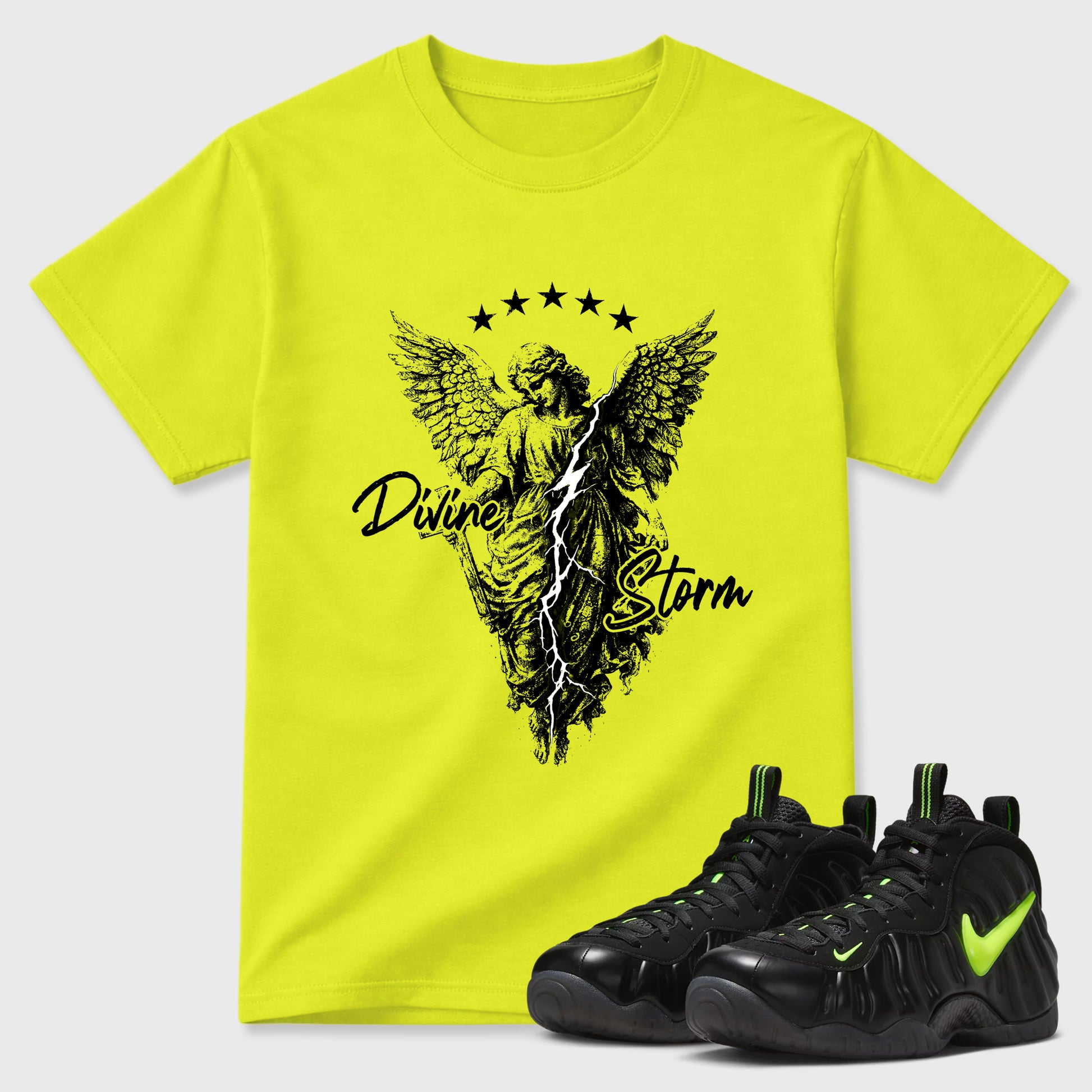 Sneaker match tees – Sneaker Tees To Match Air Foamposite Pro Black Shoes – Divine Storm Tee Safety Green 1