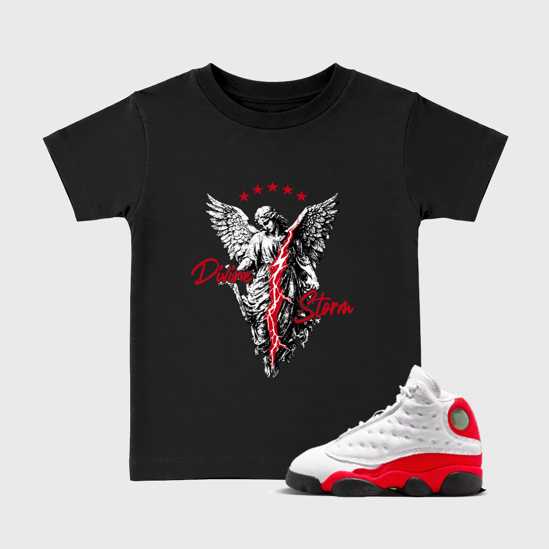 Sneaker match tees – Sneaker Tees To Match Air Jordan 13 University Red Shoes – Divine Storm Kids T-Shirt Black 1