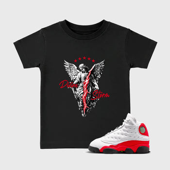 Sneaker match tees – Sneaker Tees To Match Air Jordan 13 University Red Shoes – Divine Storm Kids T-Shirt Black 1