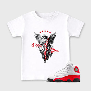 Sneaker match tees – Sneaker Tees To Match Air Jordan 13 University Red Shoes – Divine Storm Kids T-Shirt White 1