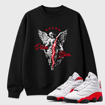 Sneaker match tees – Sneaker Tees To Match Air Jordan 13 University Red Shoes – Divine Storm Tee Black 1