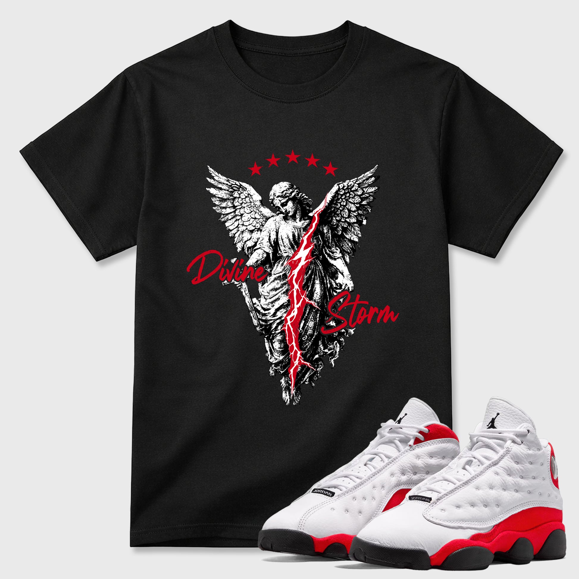 Sneaker match tees – Sneaker Tees To Match Air Jordan 13 University Red Shoes – Divine Storm Tee Black 1