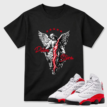 Sneaker match tees – Sneaker Tees To Match Air Jordan 13 University Red Shoes – Divine Storm Tee Black 1