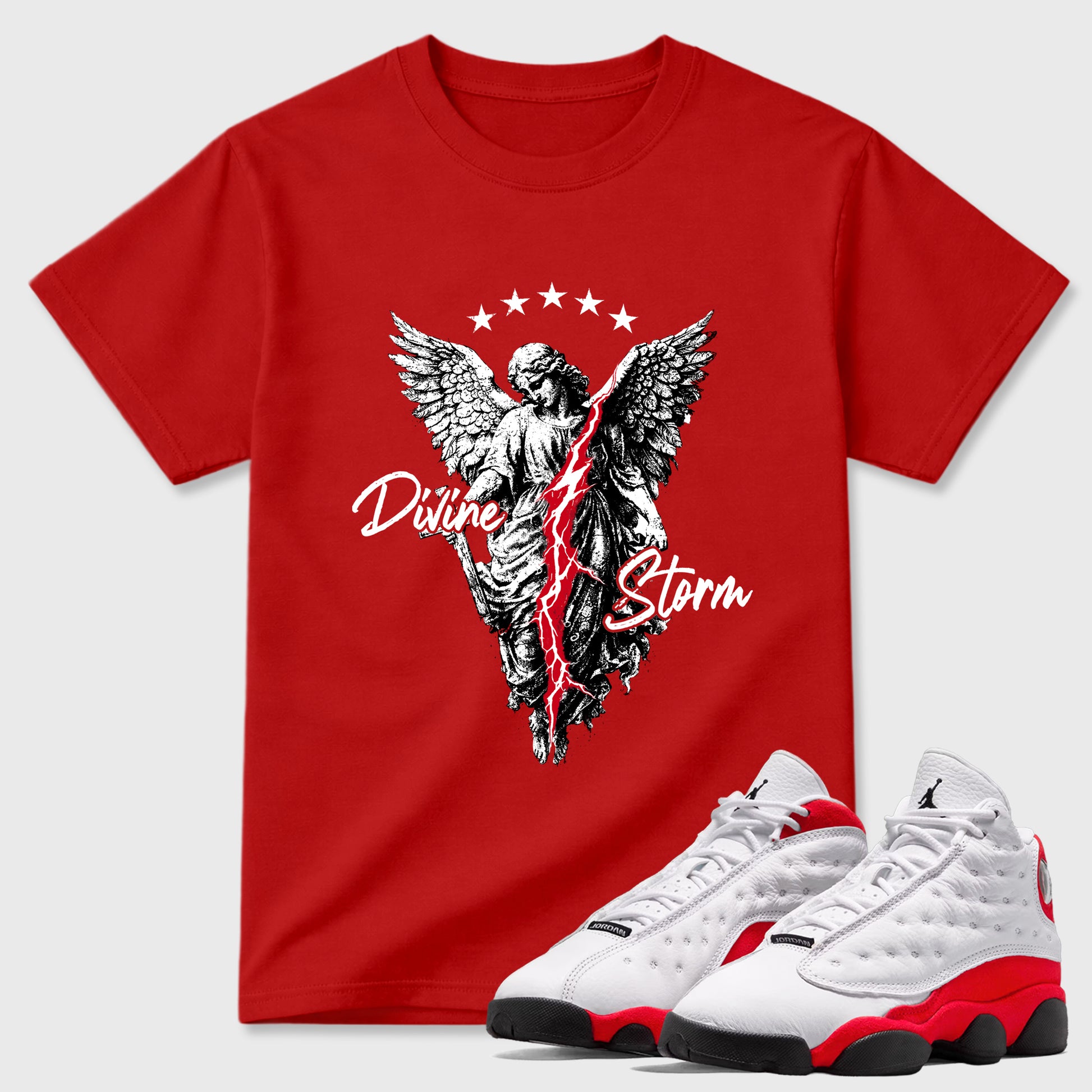 Sneaker match tees – Sneaker Tees To Match Air Jordan 13 University Red Shoes – Divine Storm Tee Red 1