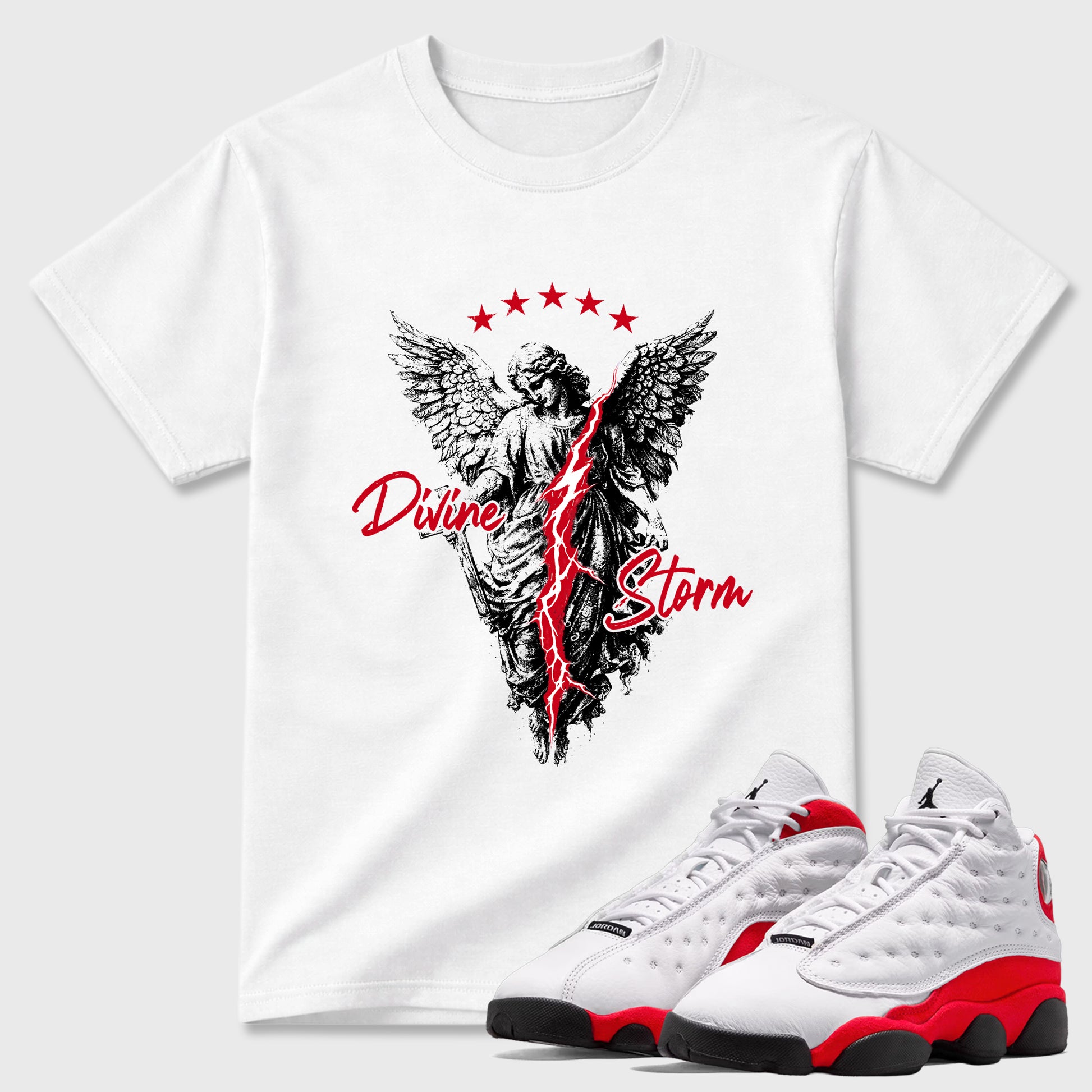 Sneaker match tees – Sneaker Tees To Match Air Jordan 13 University Red Shoes – Divine Storm Tee White 1
