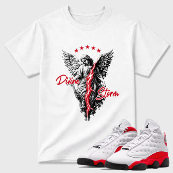 Sneaker match tees – Sneaker Tees To Match Air Jordan 13 University Red Shoes – Divine Storm Tee White 1